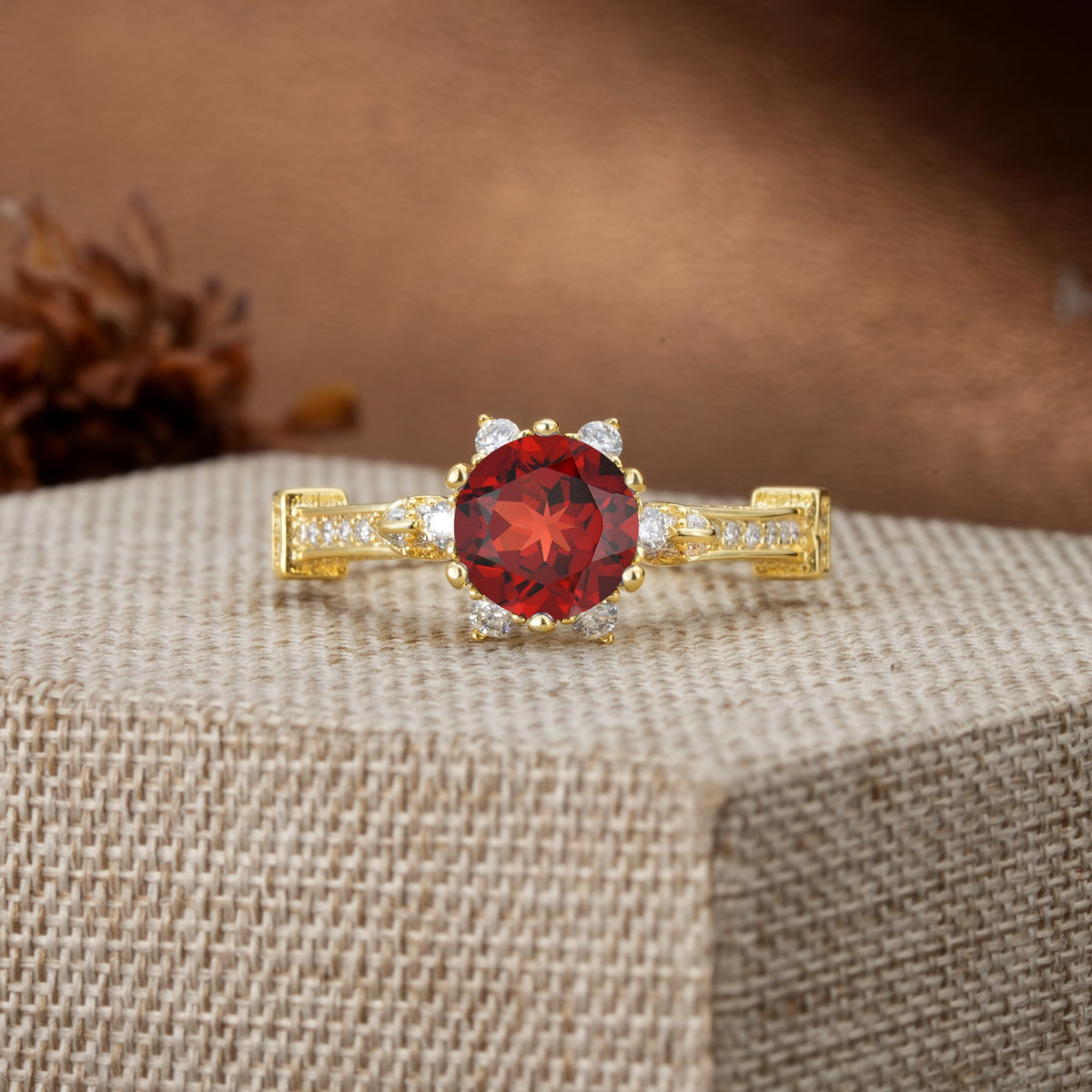 Unique, Classic, and Vintage Pavé 6-Prong Round Cut Garnet Engagement Ring - Additional view