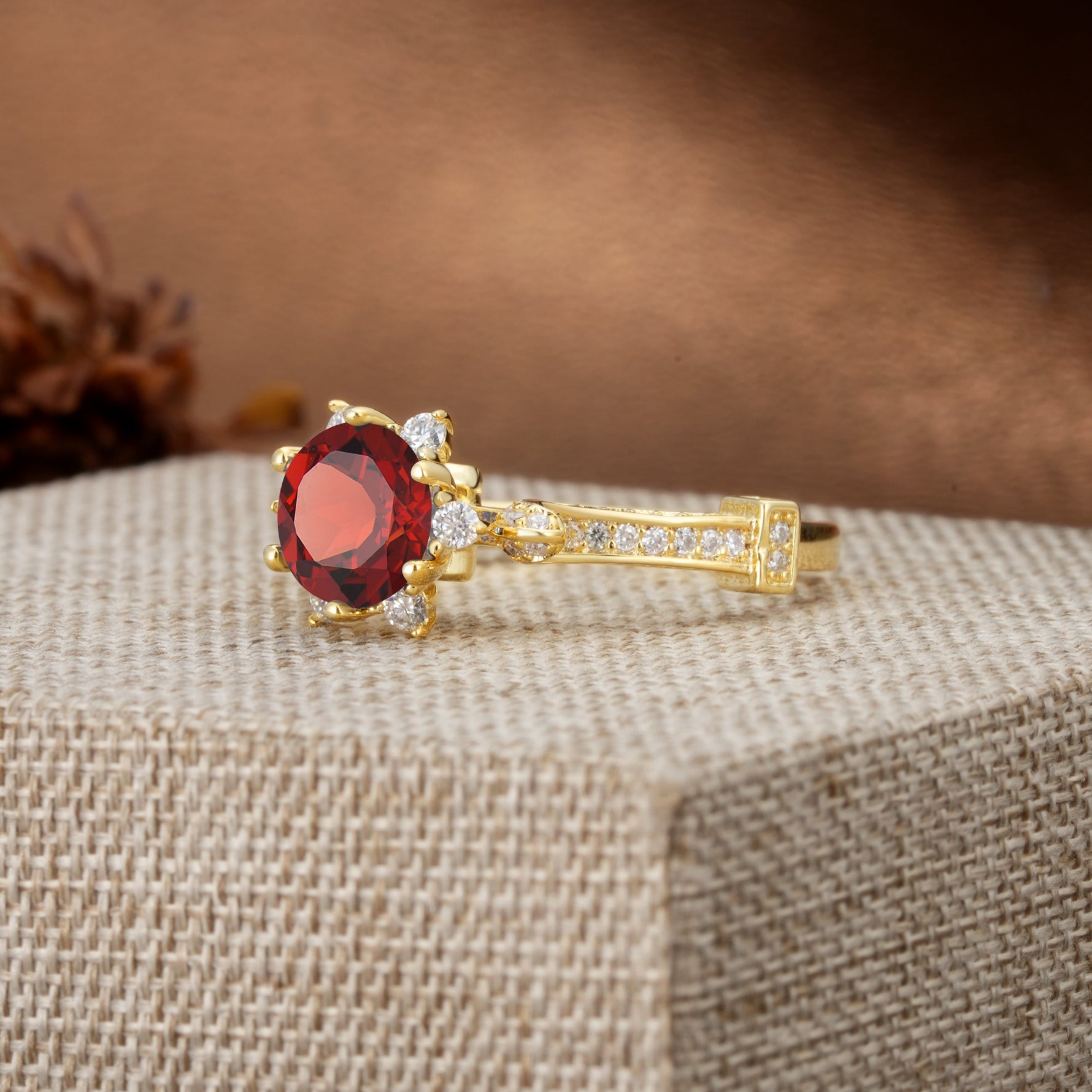 Unique, Classic, and Vintage Pavé 6-Prong Round Cut Garnet Engagement Ring - Additional view