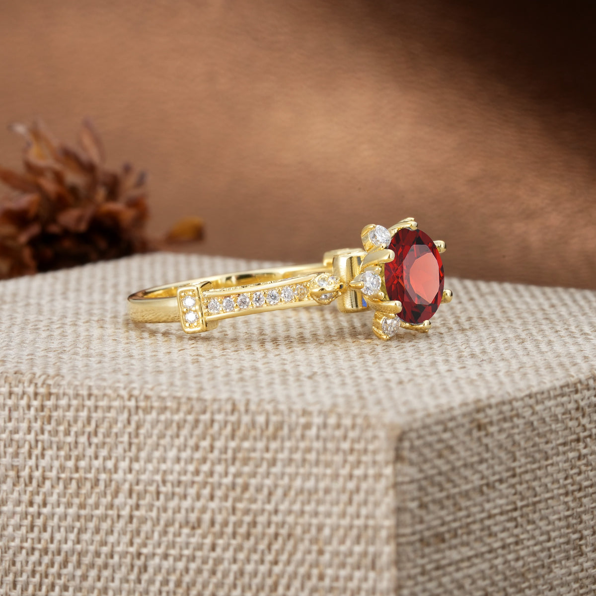 Unique, Classic, and Vintage Pavé 6-Prong Round Cut Garnet Engagement Ring - Additional view