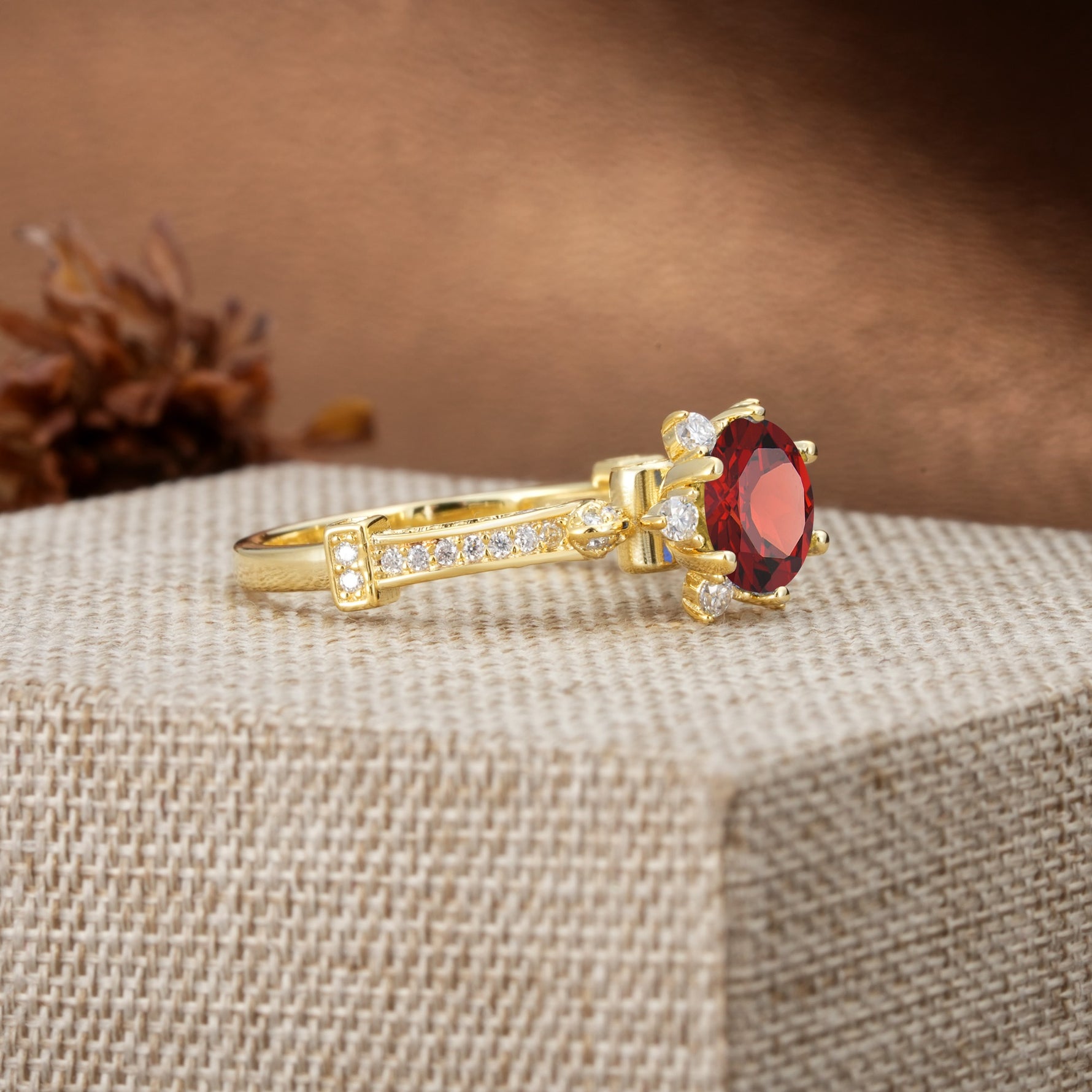 Unique, Classic, and Vintage Pavé 6-Prong Round Cut Garnet Engagement Ring - Additional view