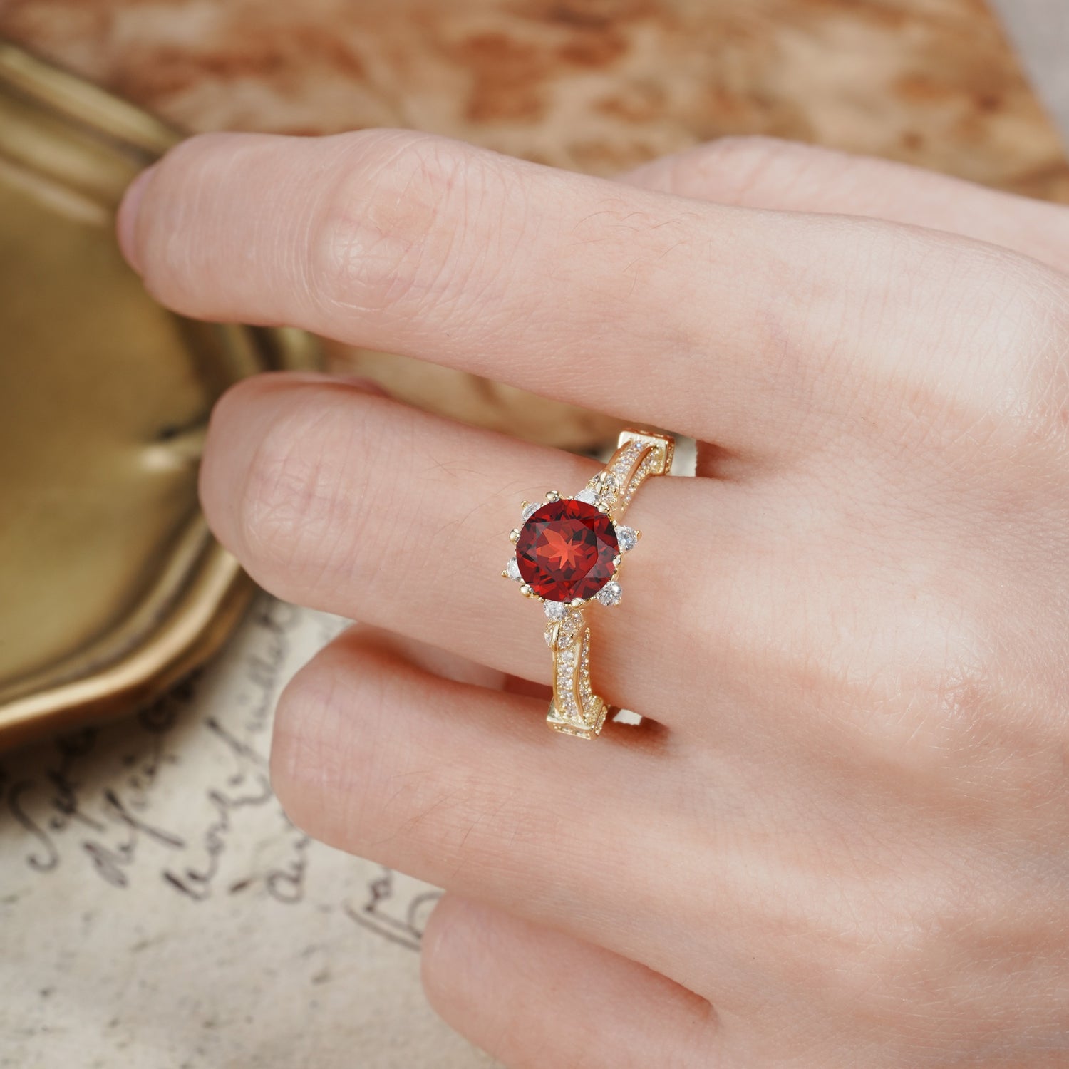 Unique, Classic, and Vintage Pavé 6-Prong Round Cut Garnet Engagement Ring - Additional view