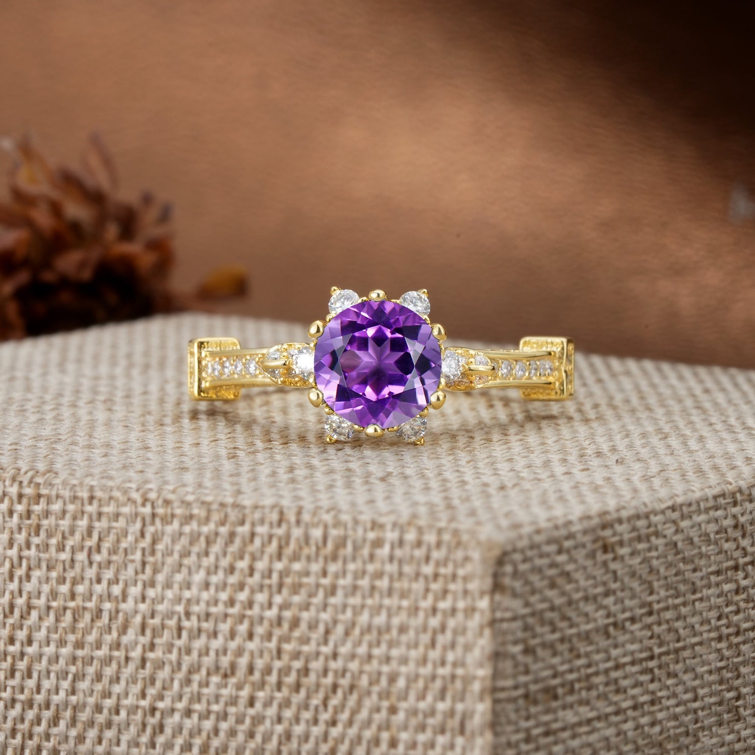 Unique, Classic, and Vintage Pavé 6-Prong Round Cut Amethyst Engagement Ring - Additional view