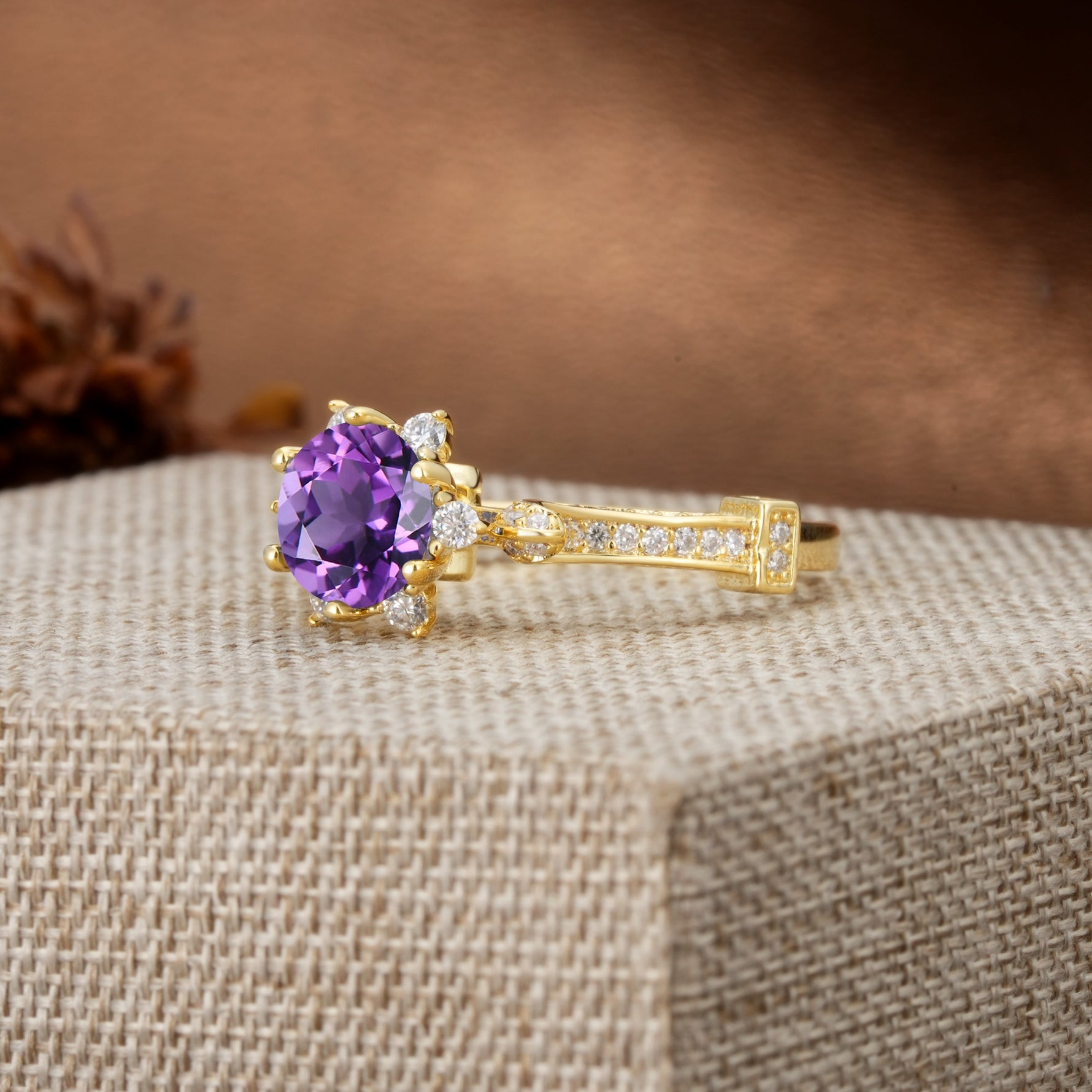 Unique, Classic, and Vintage Pavé 6-Prong Round Cut Amethyst Engagement Ring - Additional view