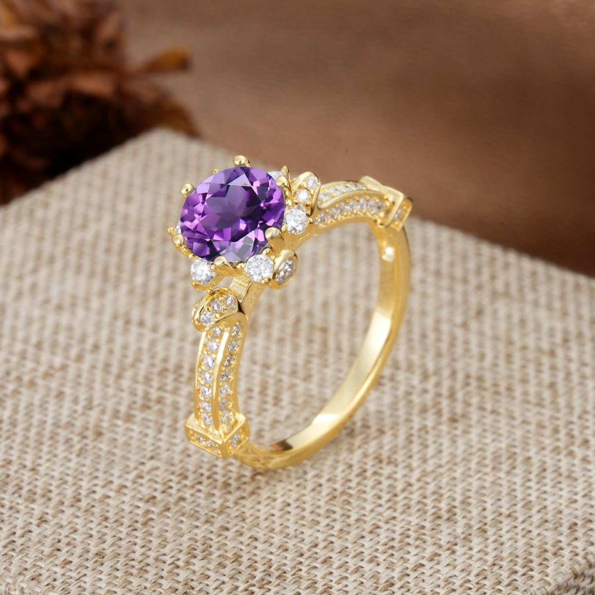 Unique, Classic, and Vintage Pavé 6-Prong Round Cut Amethyst Engagement Ring - Additional view