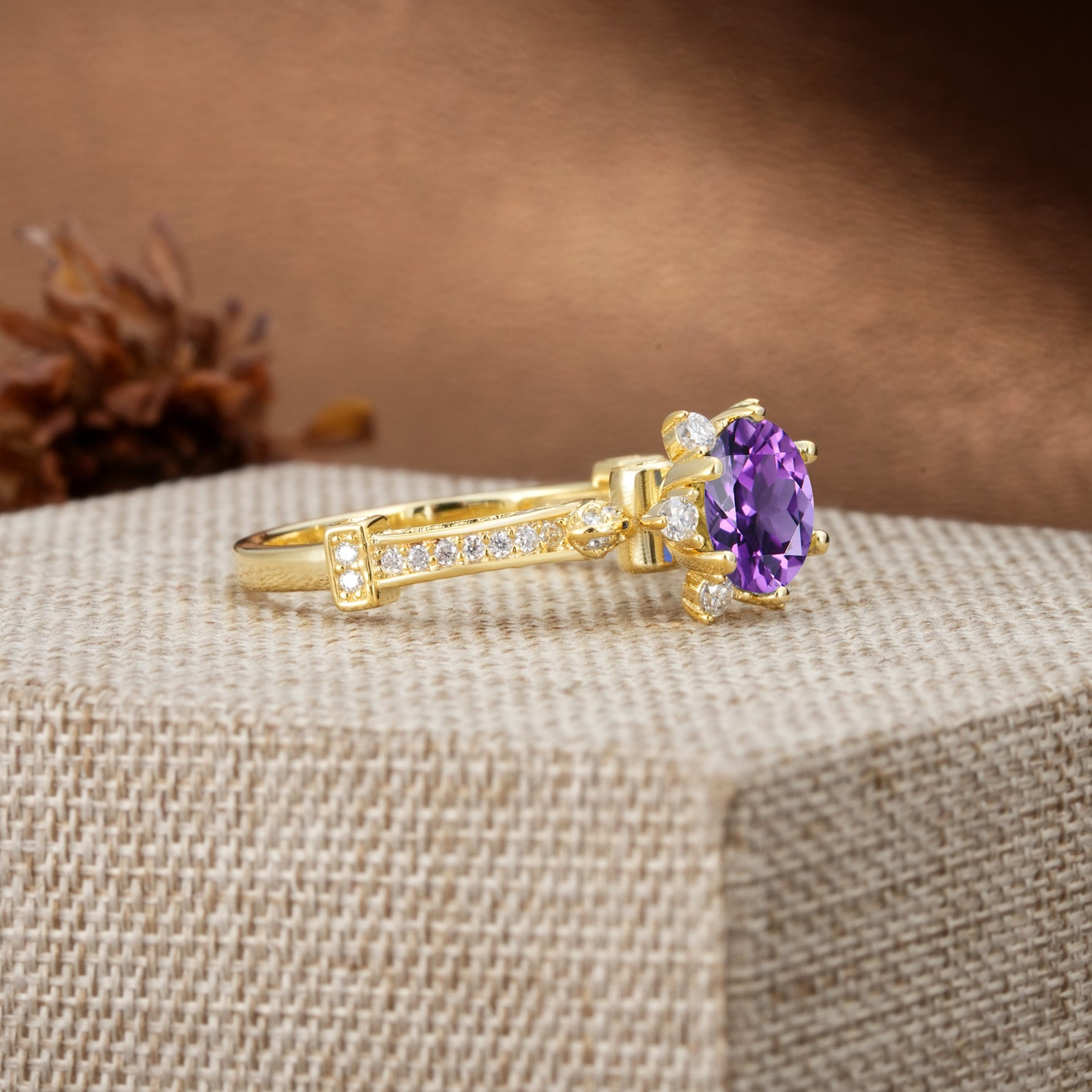 Unique, Classic, and Vintage Pavé 6-Prong Round Cut Amethyst Engagement Ring - Additional view