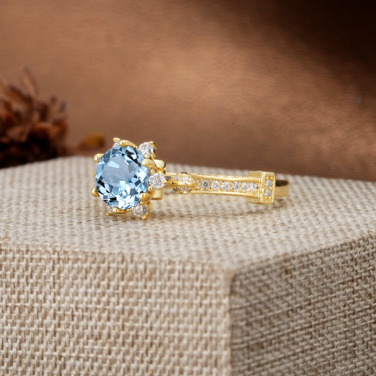 Unique, Classic, and Vintage Pavé 6-Prong Round Cut Aquamarine Engagement Ring - Additional view