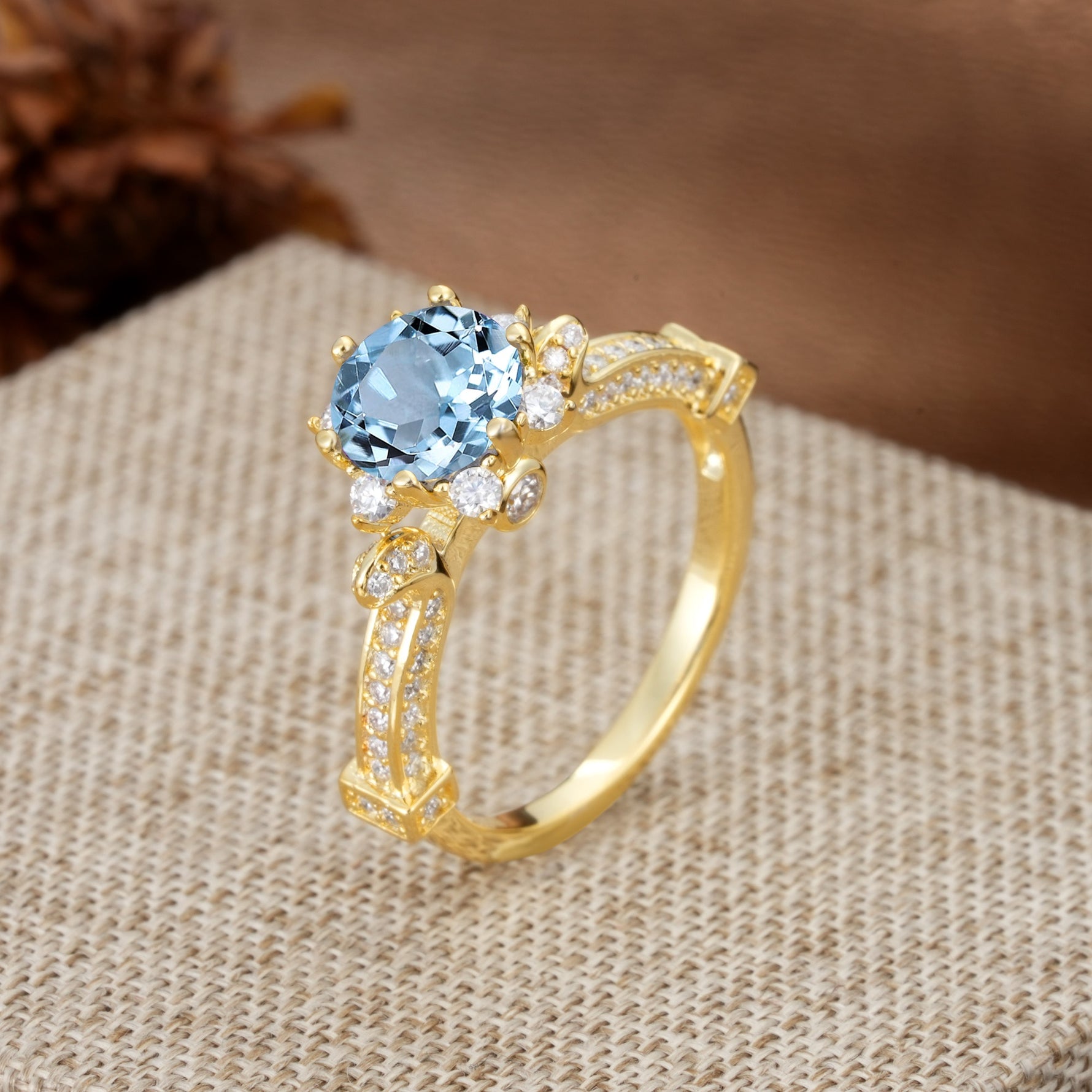 Unique, Classic, and Vintage Pavé 6-Prong Round Cut Aquamarine Engagement Ring - Additional view