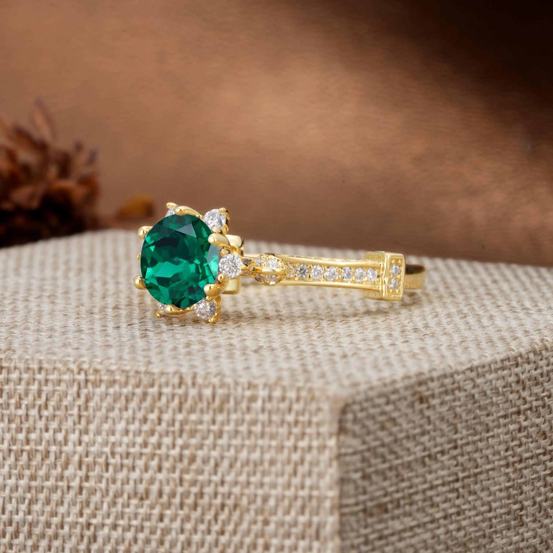 Unique, Classic, and Vintage Pavé 6-Prong Round Cut Emerald Engagement Ring - Additional view