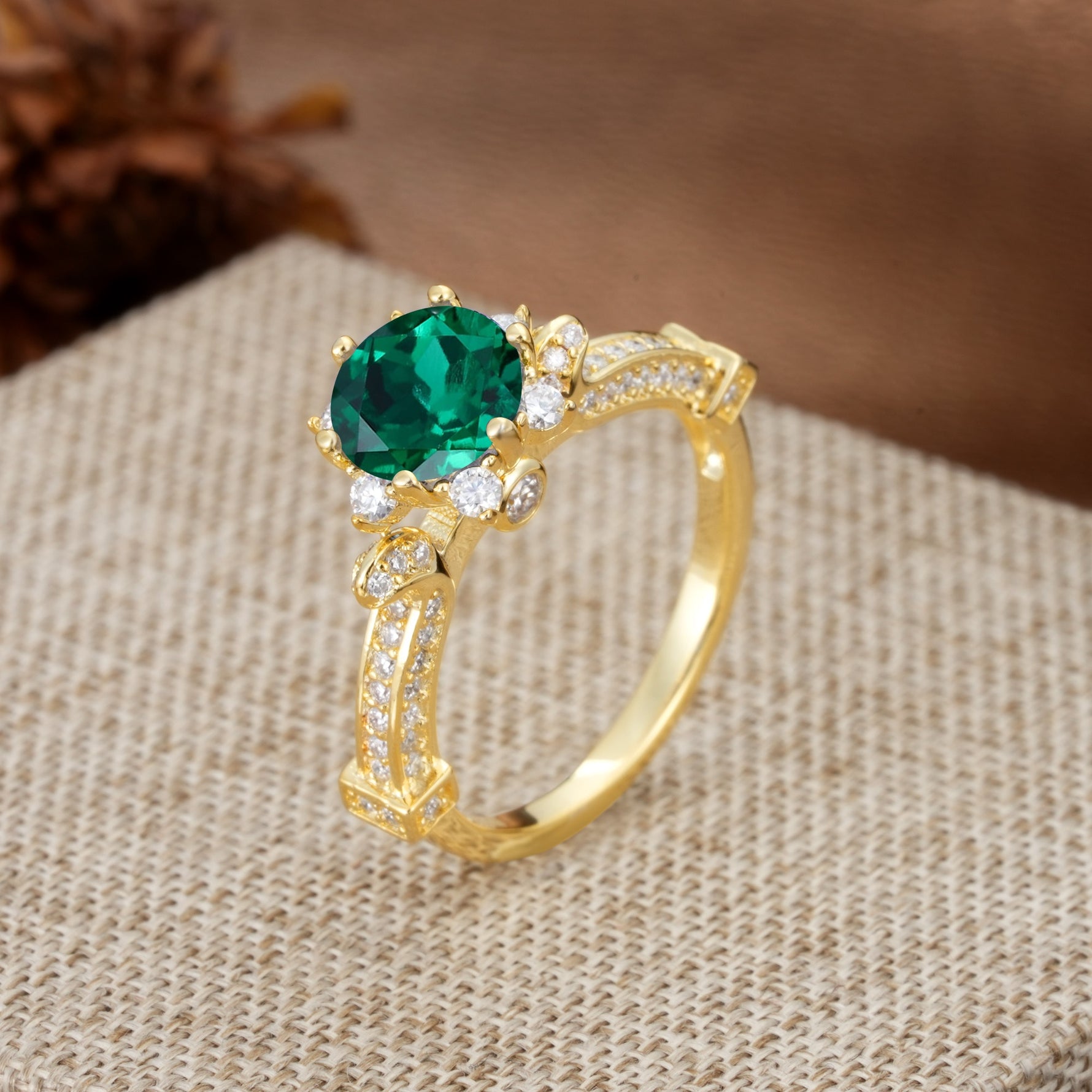 Unique, Classic, and Vintage Pavé 6-Prong Round Cut Emerald Engagement Ring - Additional view