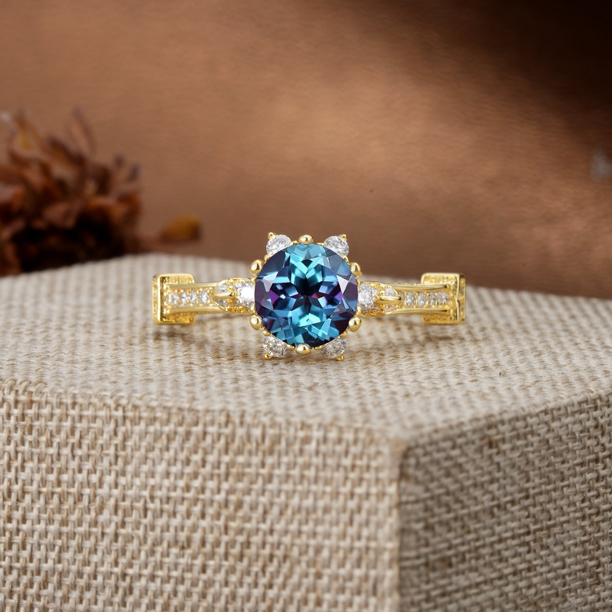 Unique, Classic, and Vintage Pavé 6-Prong Round Cut Alexandrite Engagement Ring - Additional view
