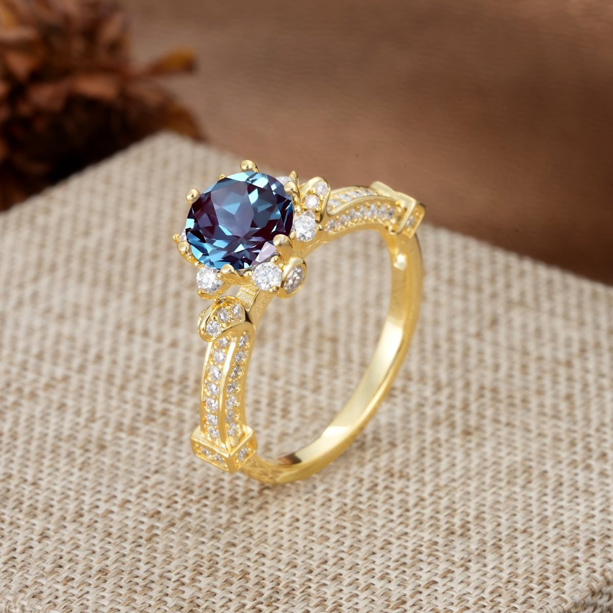 Unique, Classic, and Vintage Pavé 6-Prong Round Cut Alexandrite Engagement Ring - Additional view