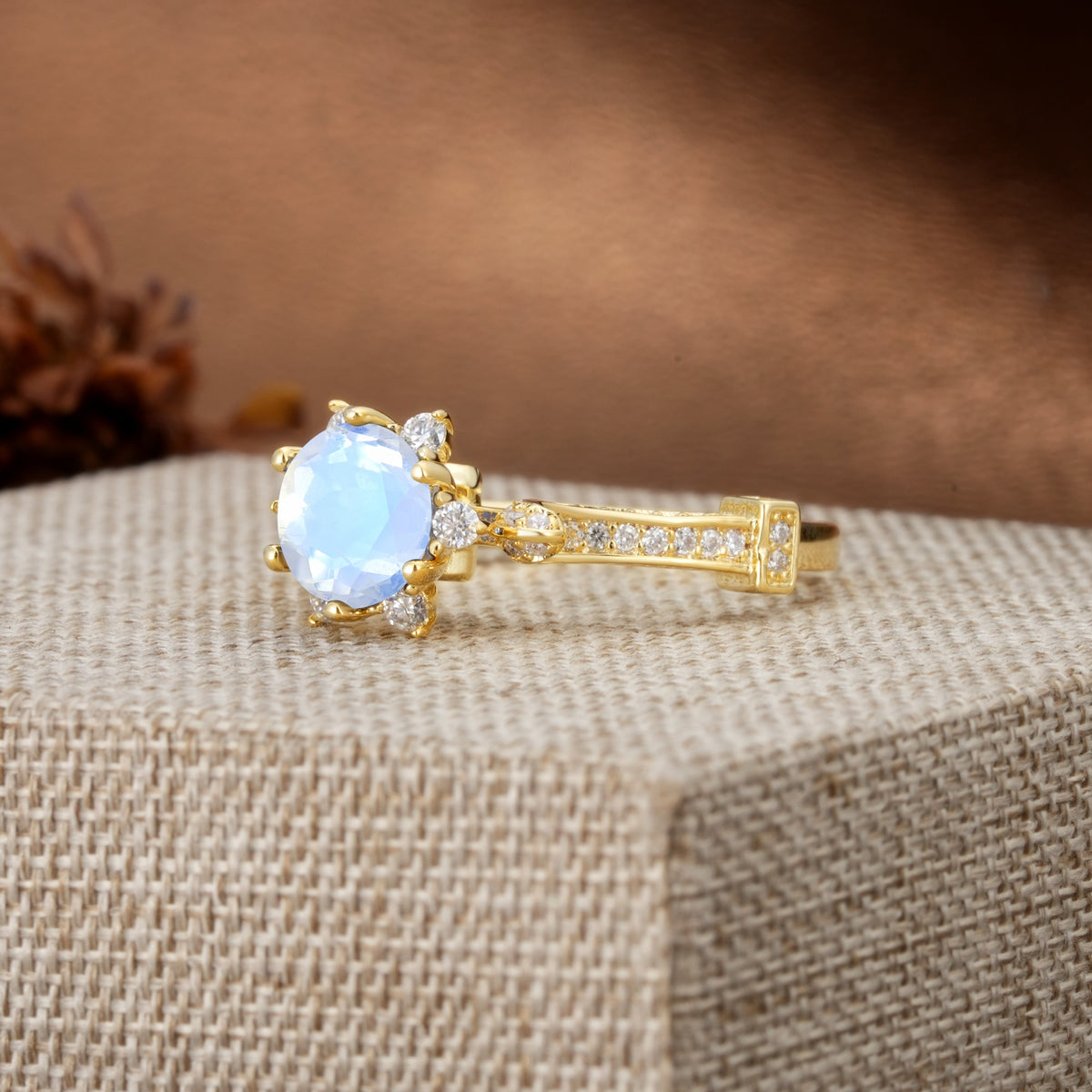 Unique, Classic, and Vintage Pavé 6-Prong Round Cut Moonstone Engagement Ring - Additional view
