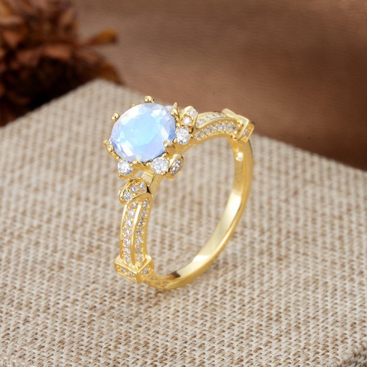 Unique, Classic, and Vintage Pavé 6-Prong Round Cut Moonstone Engagement Ring - Additional view