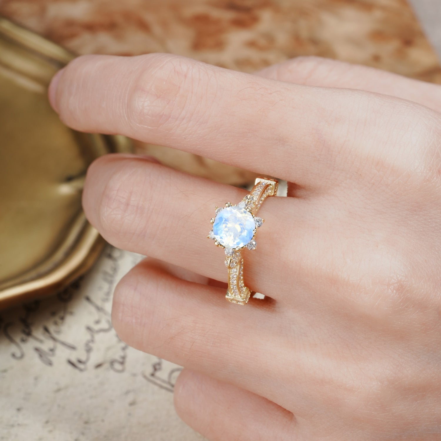 Unique, Classic, and Vintage Pavé 6-Prong Round Cut Moonstone Engagement Ring - Additional view