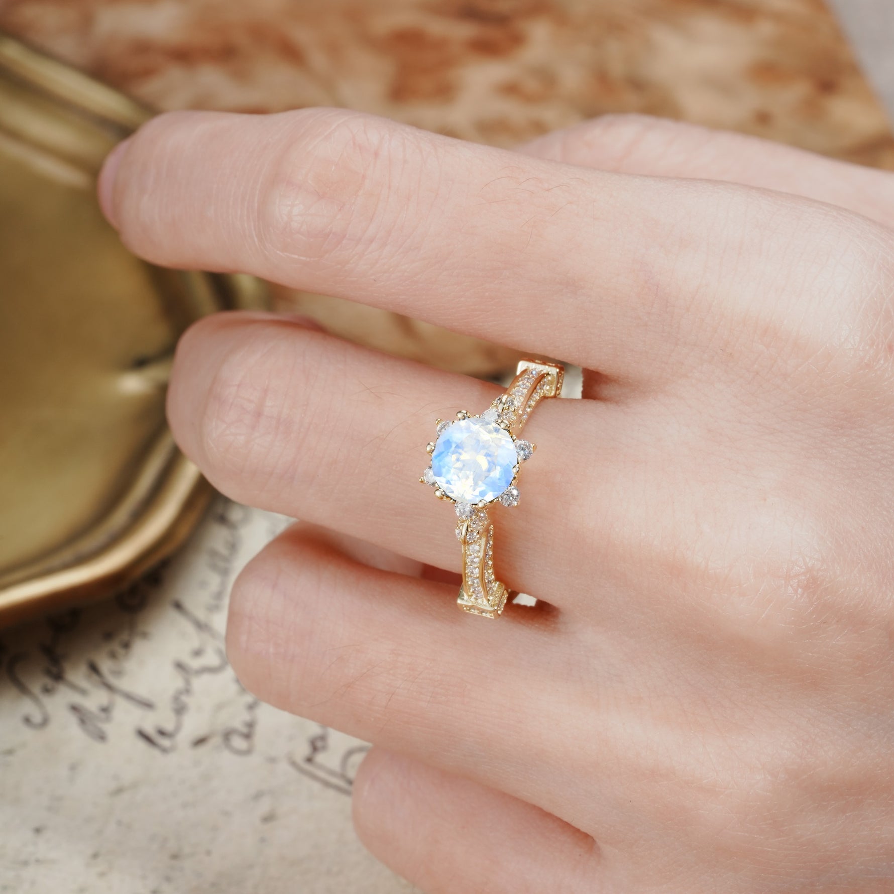 Unique, Classic, and Vintage Pavé 6-Prong Round Cut Moonstone Engagement Ring - Additional view