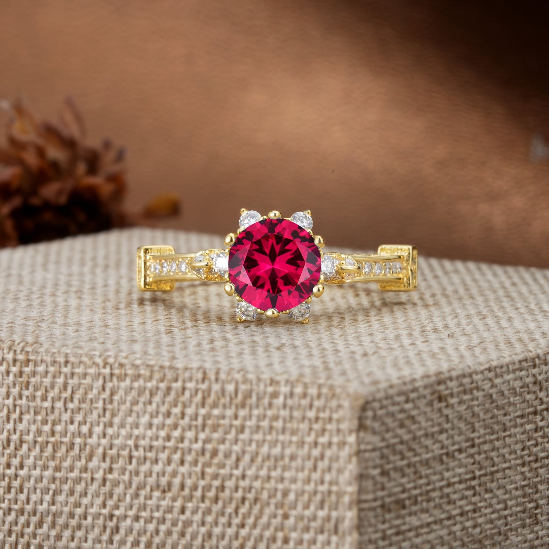 Unique, Classic, and Vintage Pavé 6-Prong Round Cut Ruby Engagement Ring - Additional view