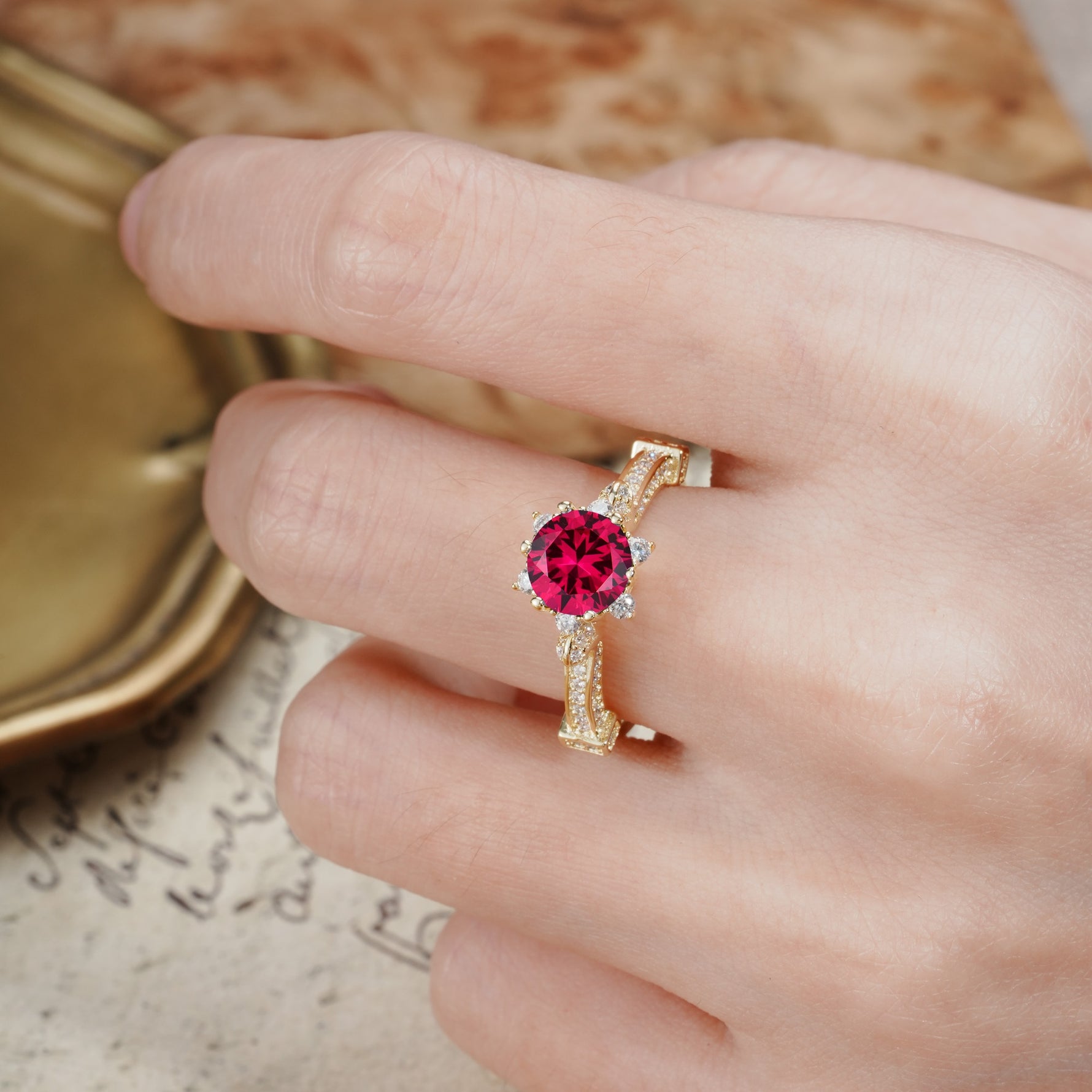 Unique, Classic, and Vintage Pavé 6-Prong Round Cut Ruby Engagement Ring - Additional view