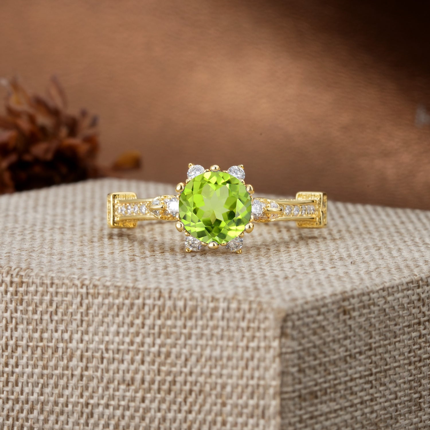 Unique, Classic, and Vintage Pavé 6-Prong Round Cut Peridot Engagement Ring - Additional view