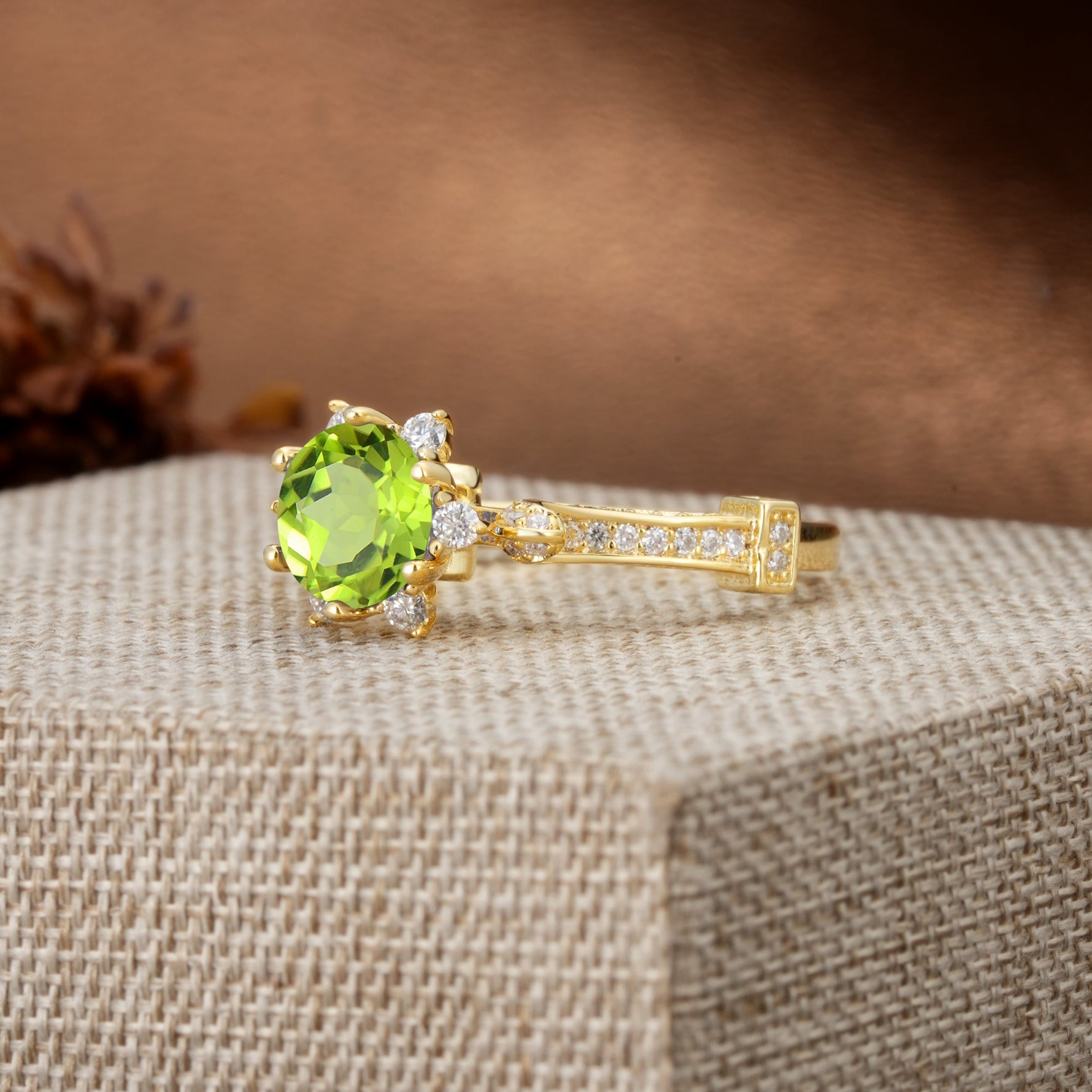 Unique, Classic, and Vintage Pavé 6-Prong Round Cut Peridot Engagement Ring - Additional view