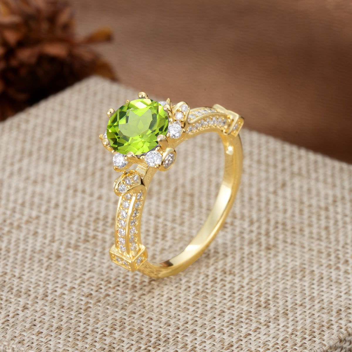 Unique, Classic, and Vintage Pavé 6-Prong Round Cut Peridot Engagement Ring - Additional view