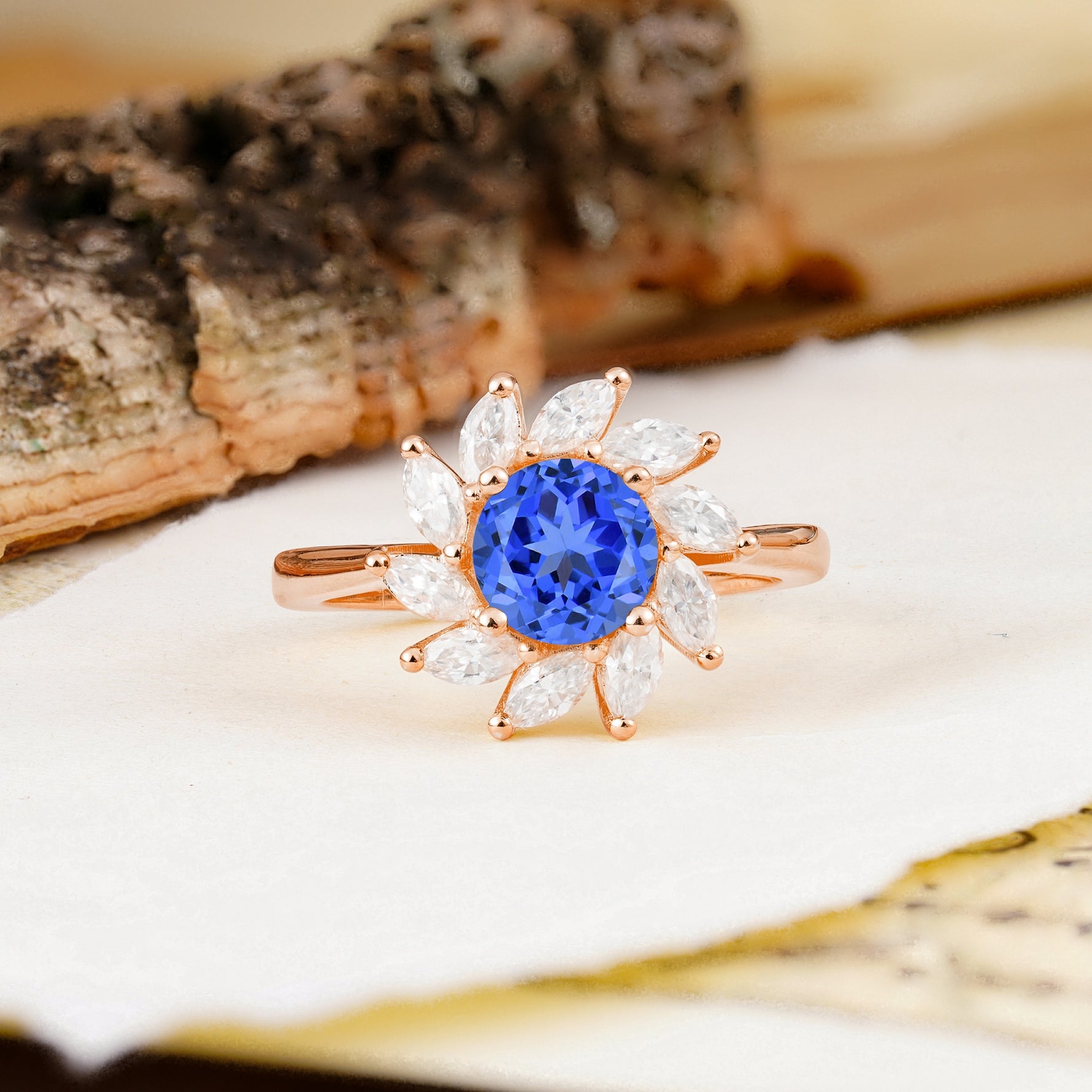 Nature-Inspired Classic Flower-Shaped 4-Prong Round Cut Sapphire Engagement Ring - Additional view