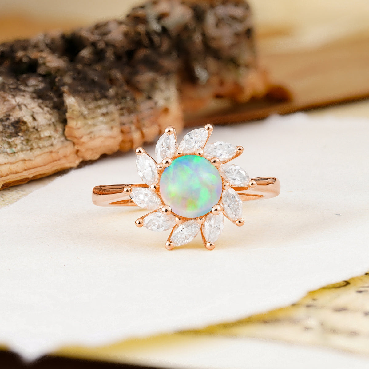 Nature-Inspired Classic Flower-Shaped 4-Prong Round Cut Fire Opal Engagement Ring - Additional view