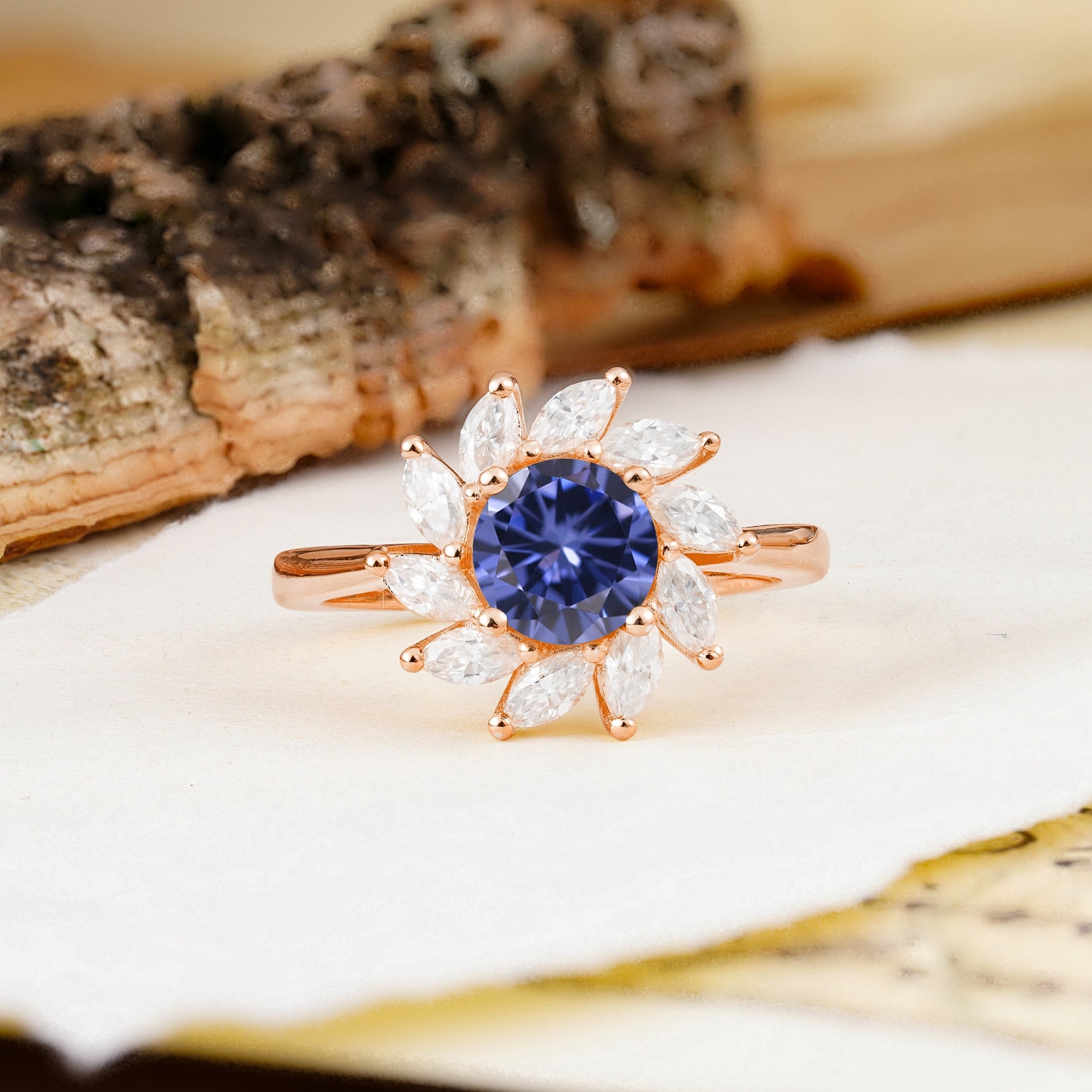 Nature-Inspired Classic Flower-Shaped 4-Prong Round Cut Tanzanite Engagement Ring - Additional view