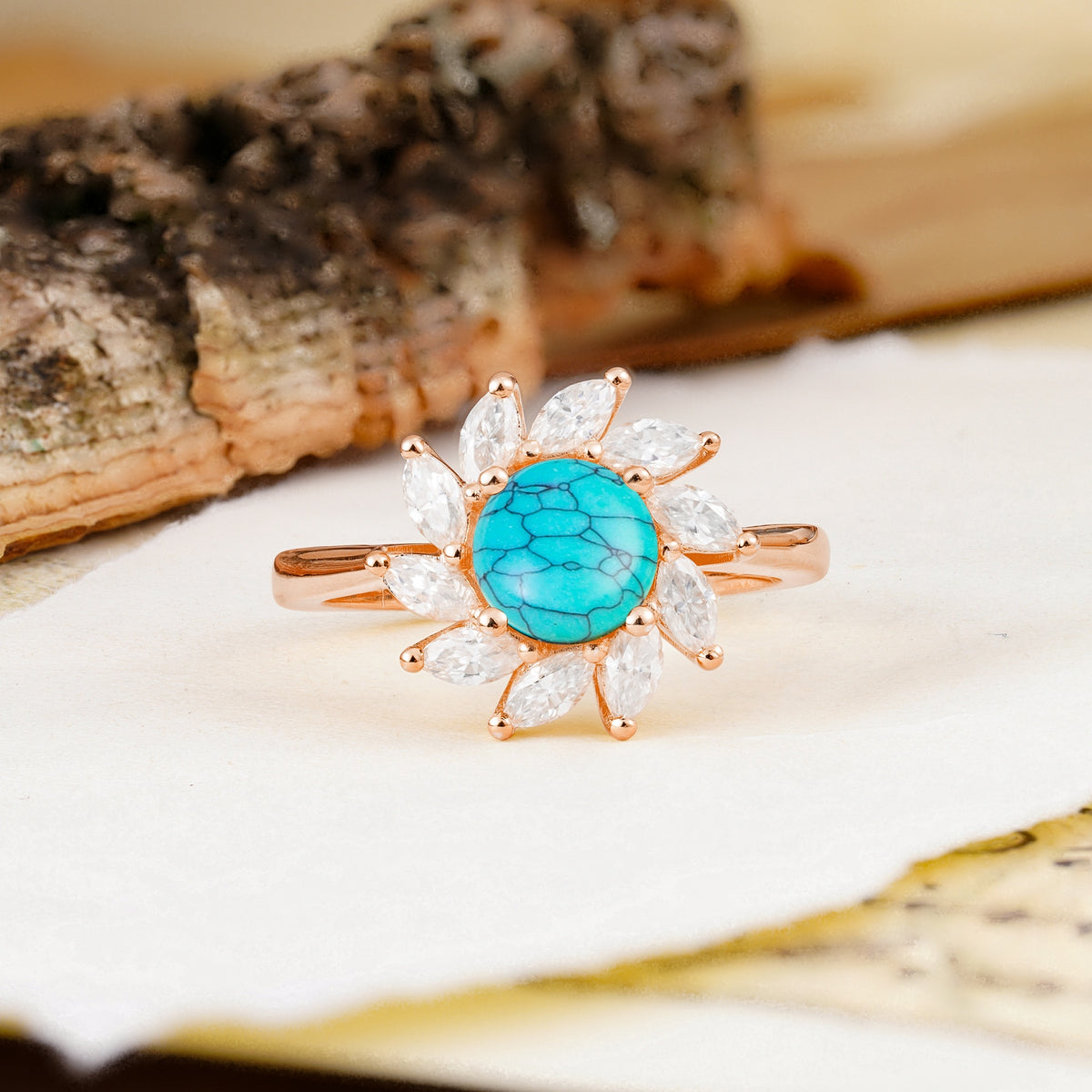 Nature-Inspired Classic Flower-Shaped 4-Prong Round Cut Turquoise Engagement Ring - Additional view