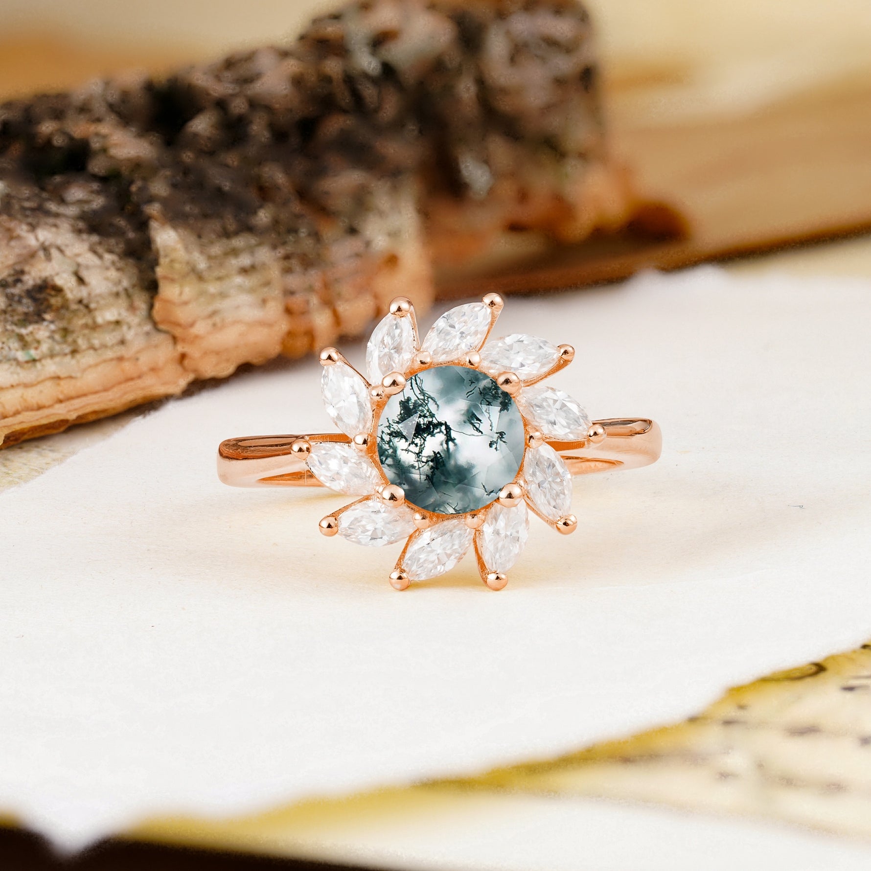 Nature-Inspired Classic Flower-Shaped 4-Prong Round Cut Moss Agate Engagement Ring - Additional view
