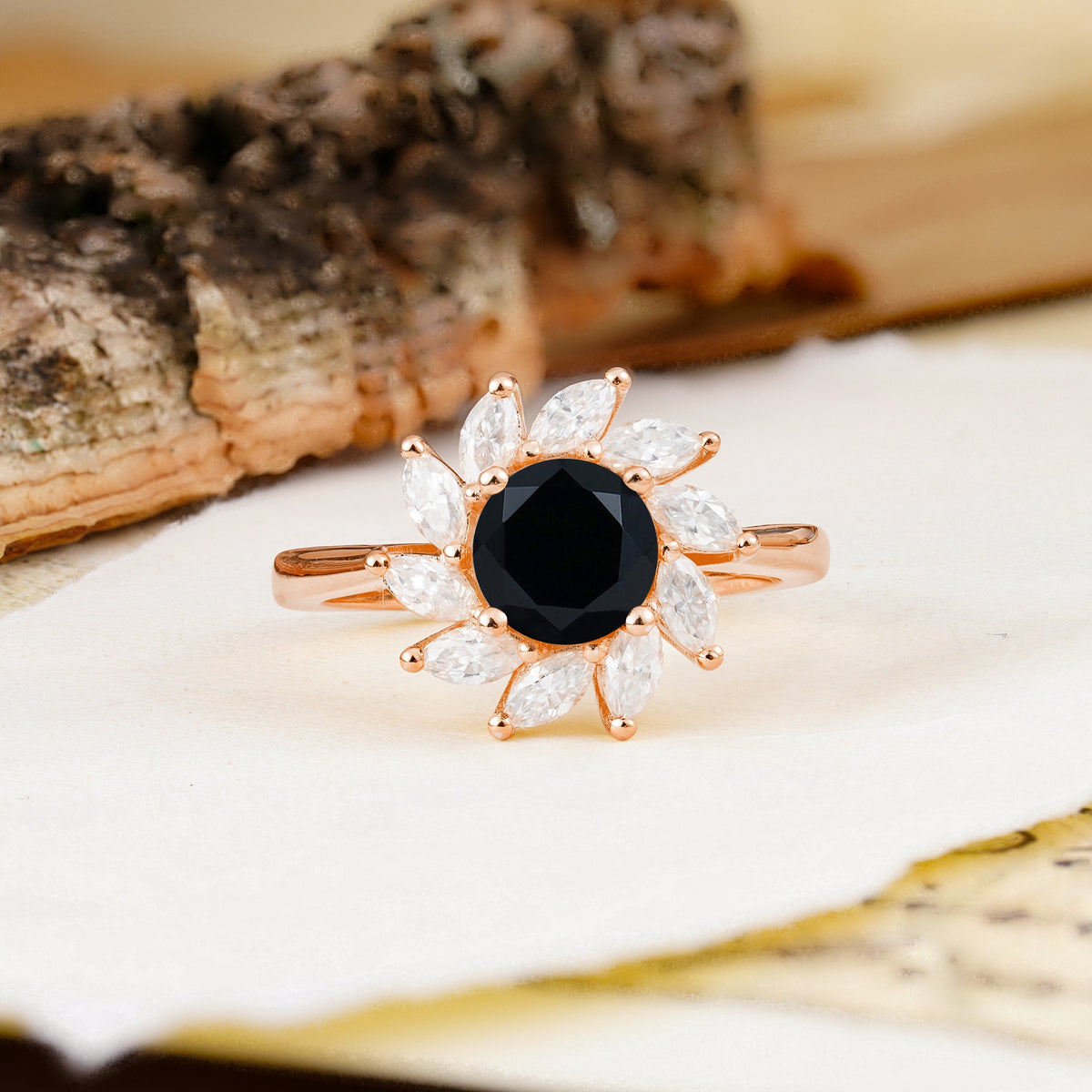Nature-Inspired Classic Flower-Shaped 4-Prong Round Cut Black Onyx Engagement Ring - Additional view