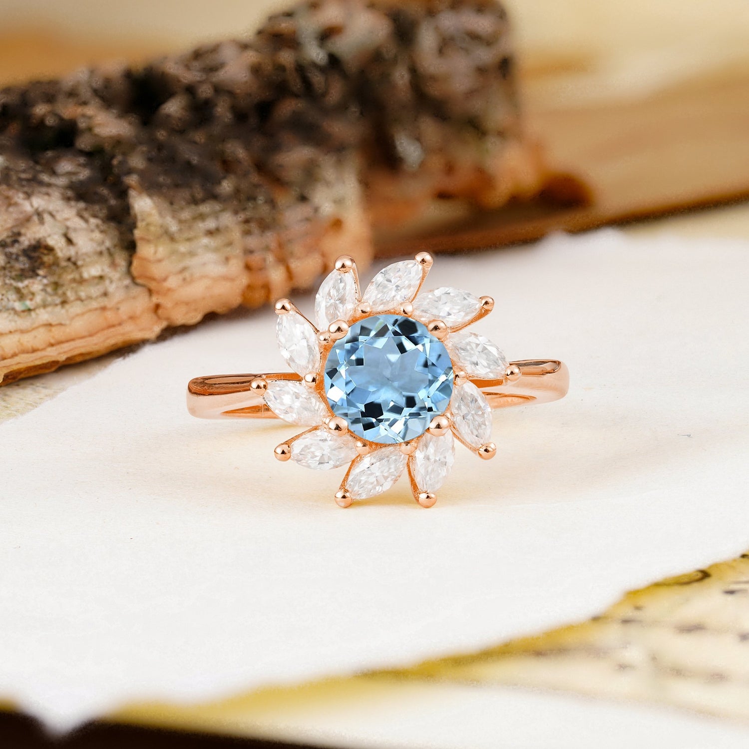 Nature-Inspired Classic Flower-Shaped 4-Prong Round Cut Aquamarine Engagement Ring