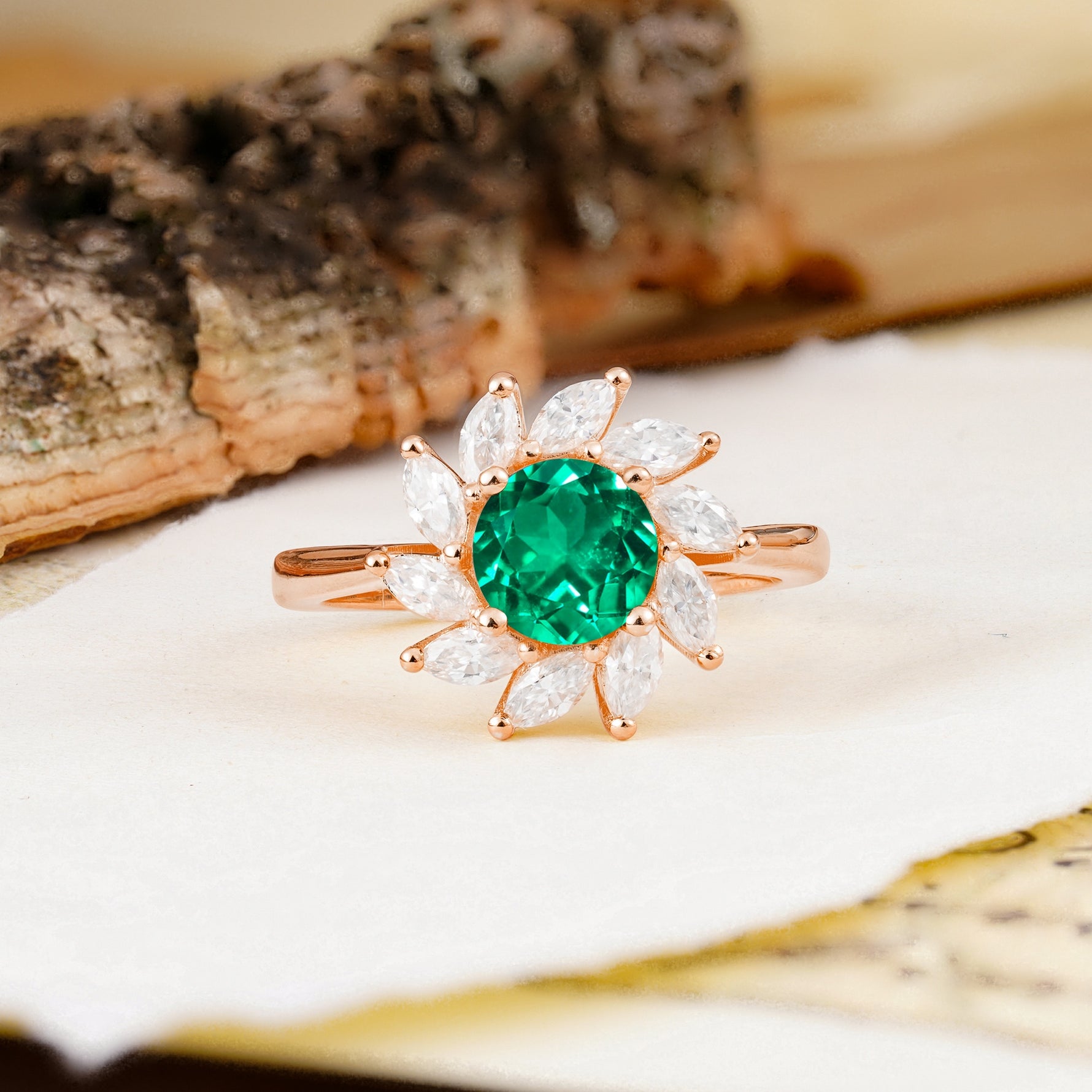 Nature-Inspired Classic Flower-Shaped 4-Prong Round Cut Emerald Engagement Ring - Additional view