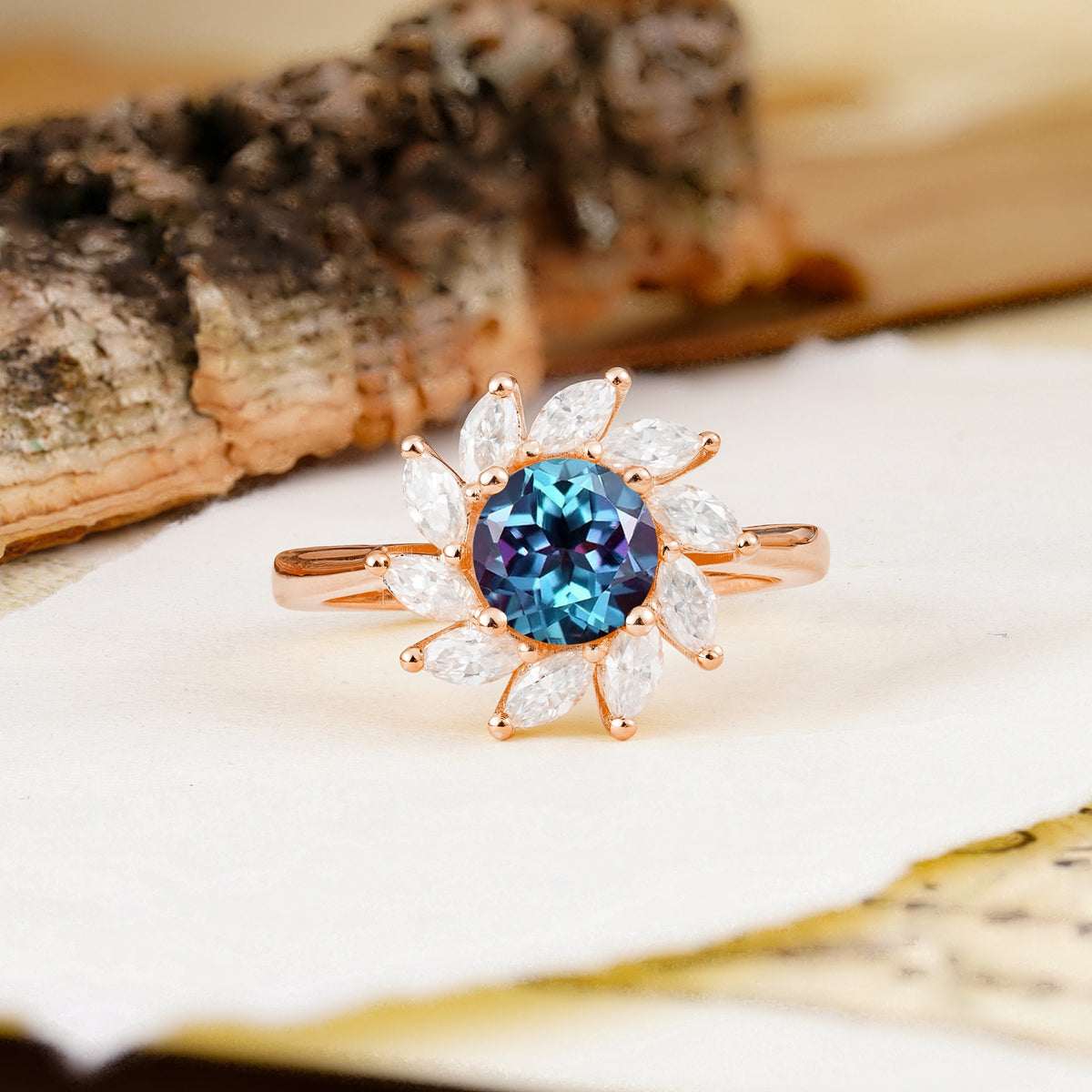 Nature-Inspired Classic Flower-Shaped 4-Prong Round Cut Alexandrite Engagement Ring - Additional view
