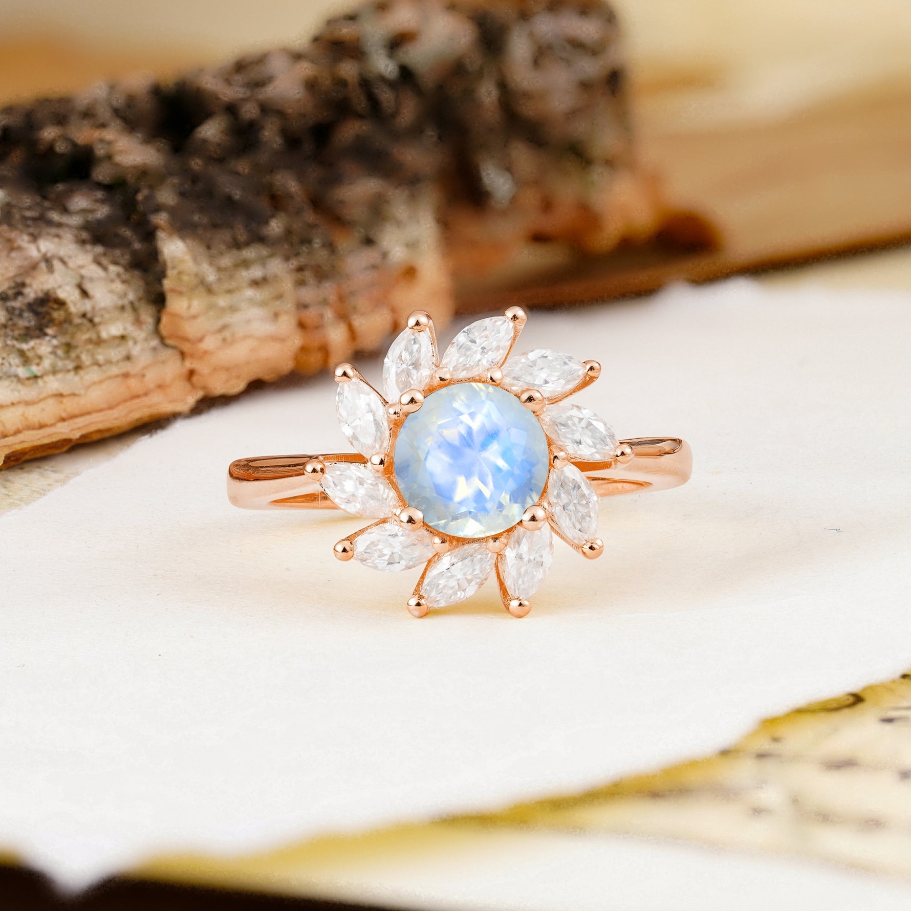 Nature-Inspired Classic Flower-Shaped 4-Prong Round Cut Moonstone Engagement Ring - Additional view