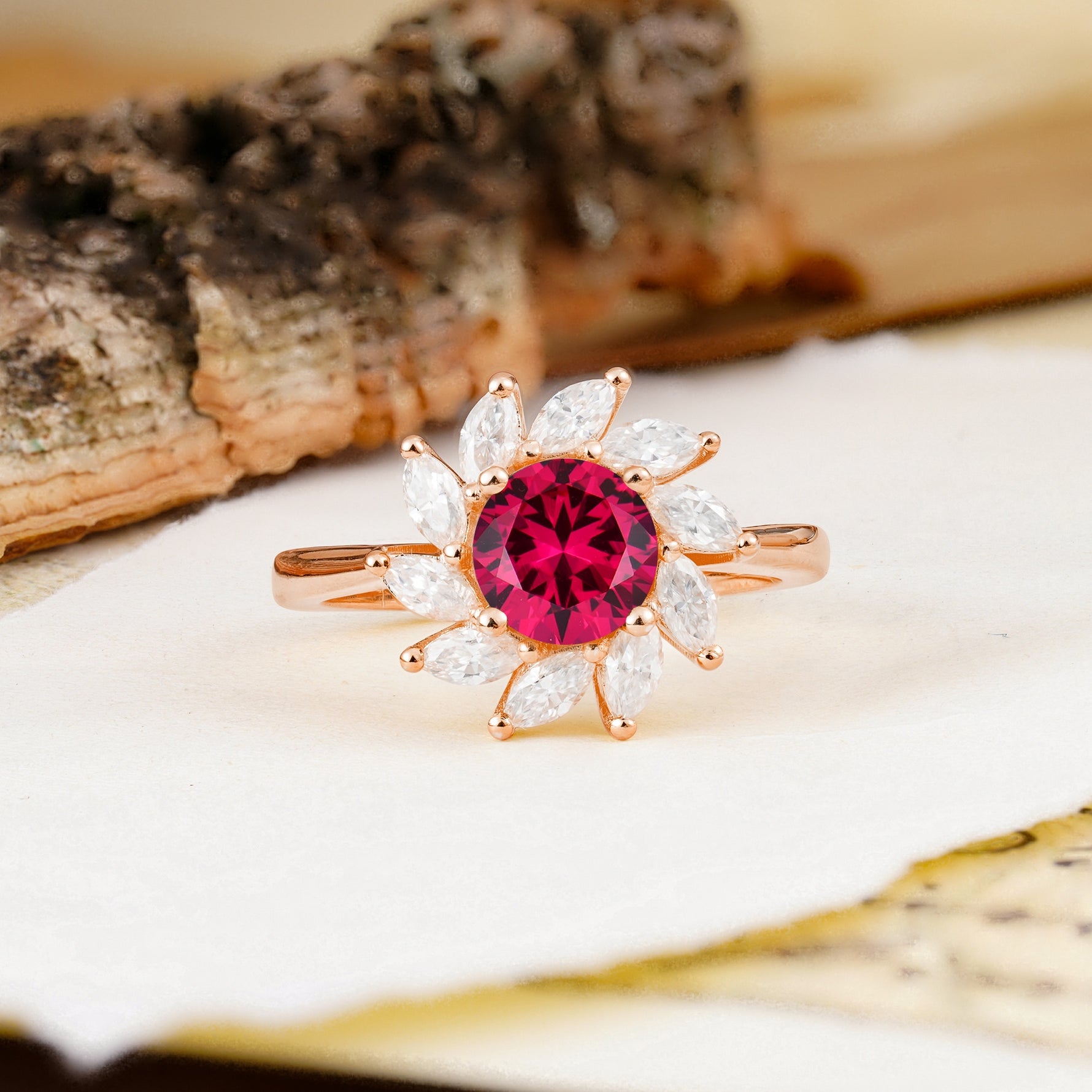 Nature-Inspired Classic Flower-Shaped 4-Prong Round Cut Ruby Engagement Ring - Additional view