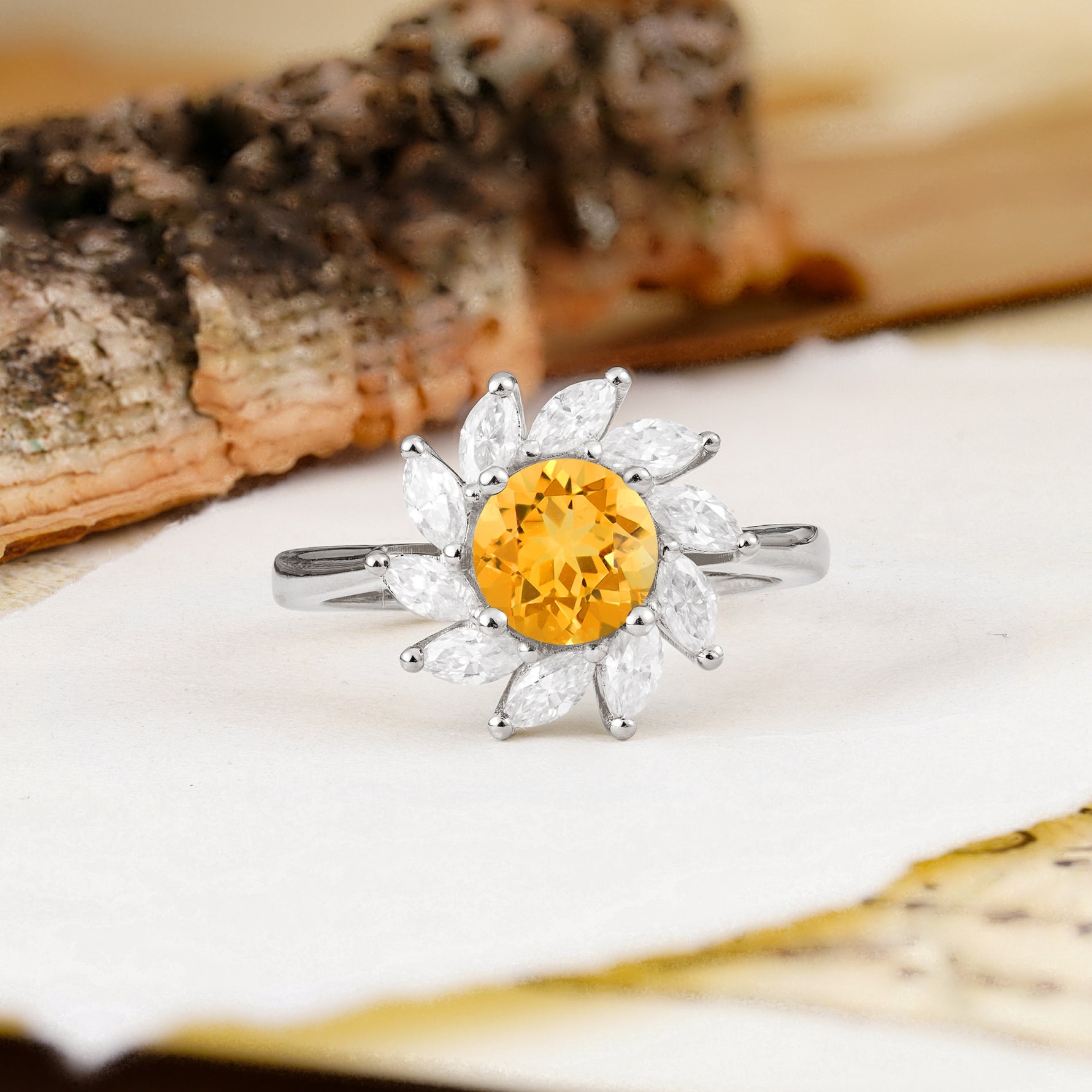 Nature-Inspired Classic Flower-Shaped 4-Prong Round Cut Citrine Engagement Ring - Additional view