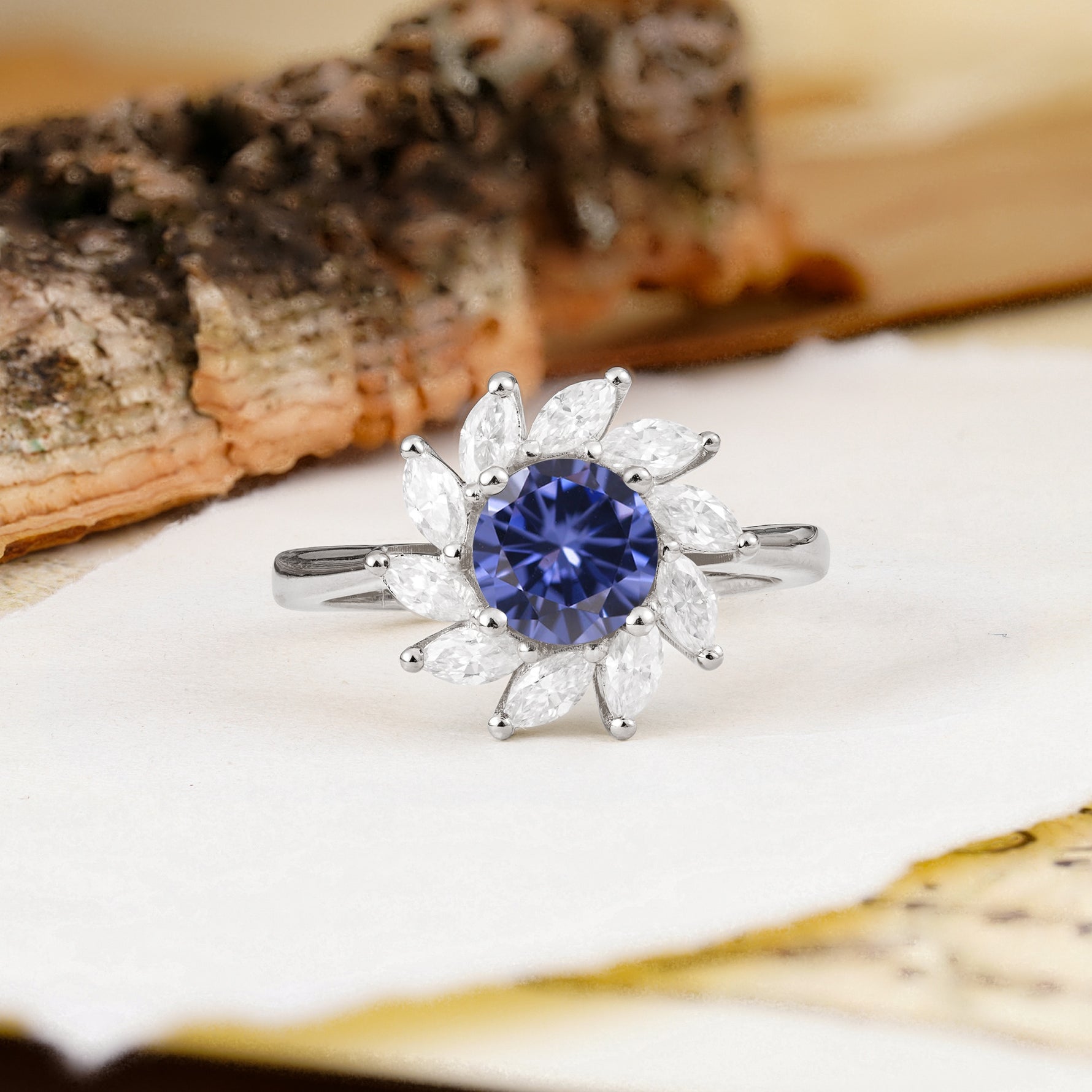 Nature-Inspired Classic Flower-Shaped 4-Prong Round Cut Tanzanite Engagement Ring - Additional view