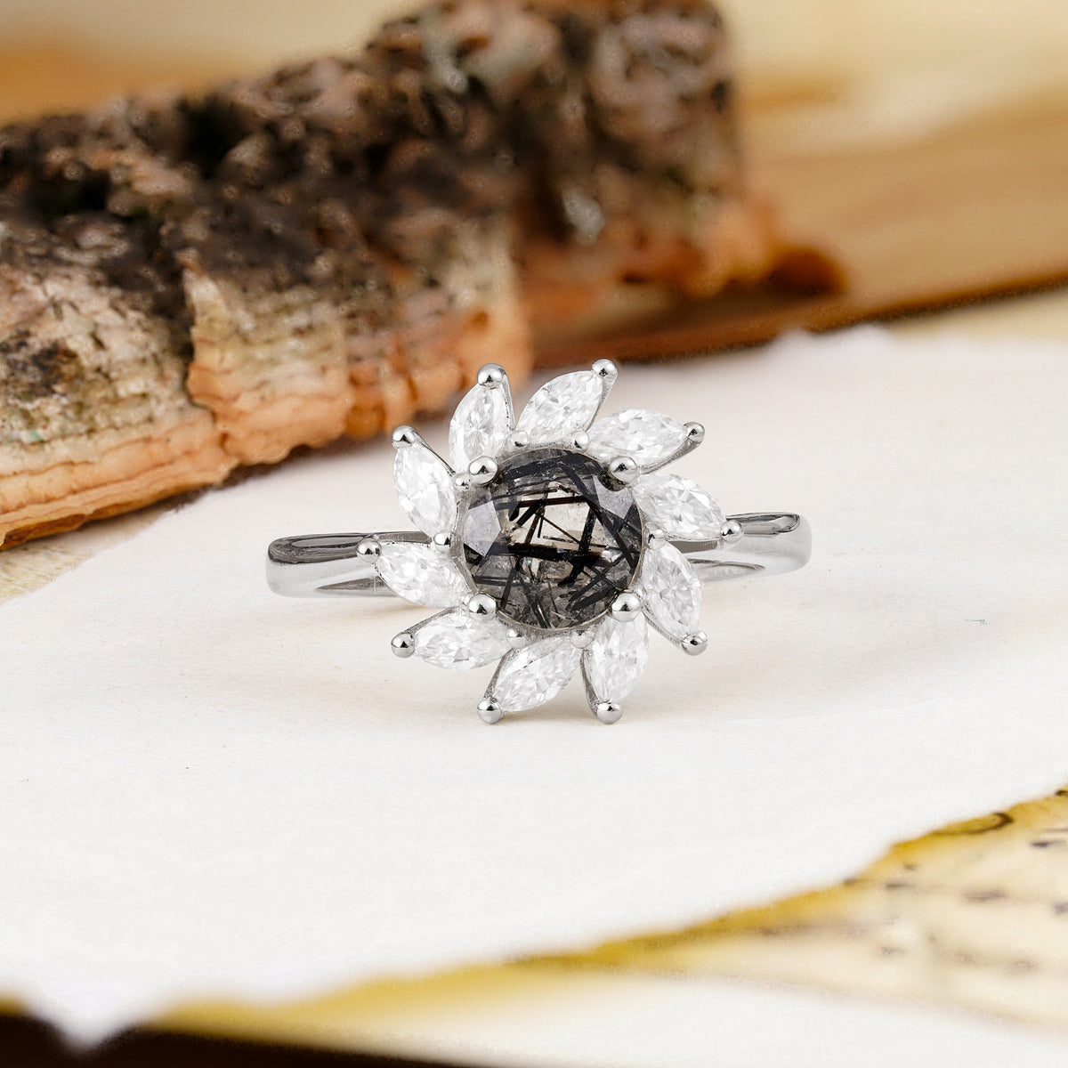 Nature-Inspired Classic Flower-Shaped 4-Prong Round Cut Black Rutilated Quartz Engagement Ring - Additional view