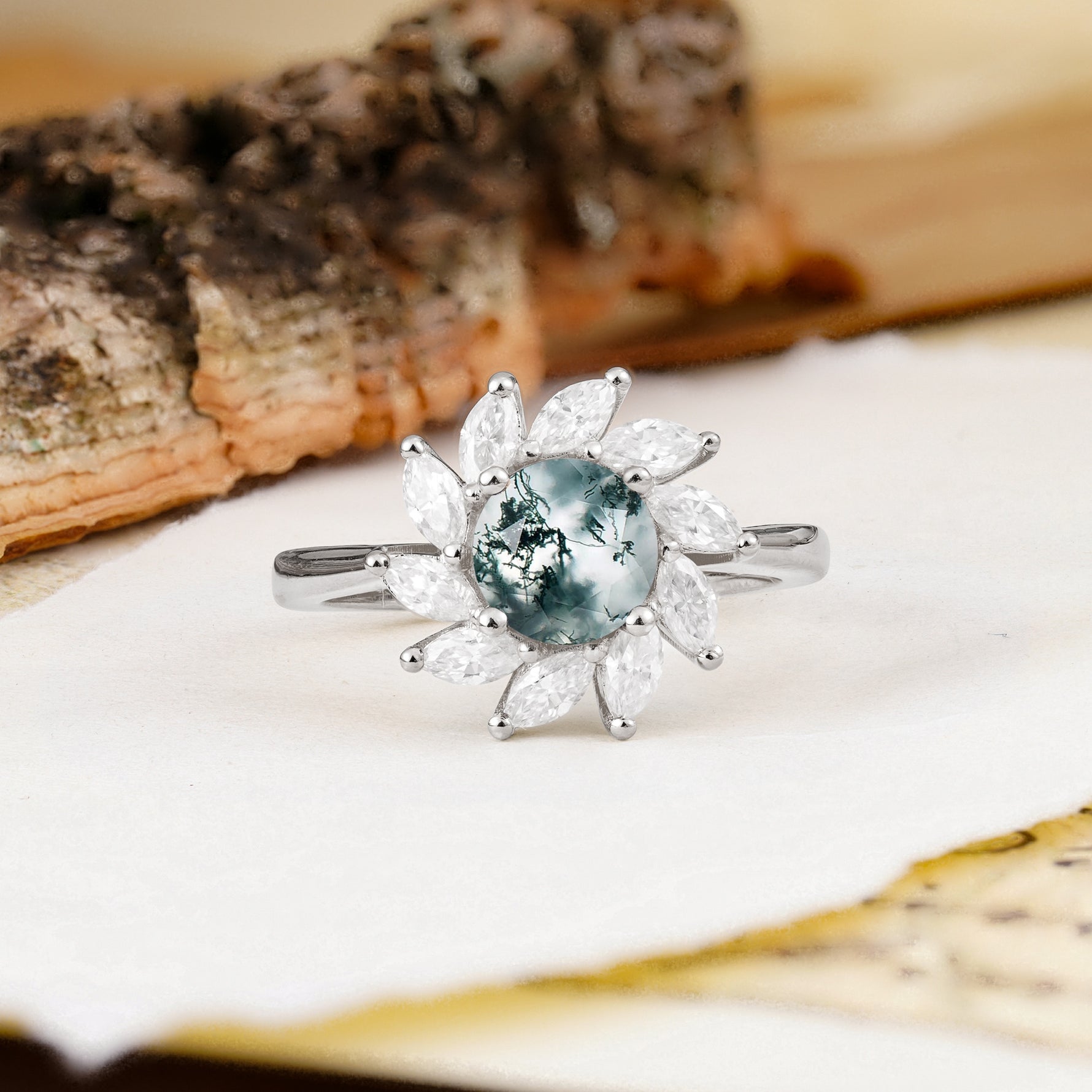 Nature-Inspired Classic Flower-Shaped 4-Prong Round Cut Moss Agate Engagement Ring - Additional view