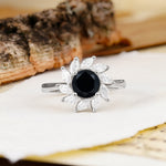 Nature-Inspired Classic Flower-Shaped 4-Prong Round Cut Black Onyx Engagement Ring - Additional view