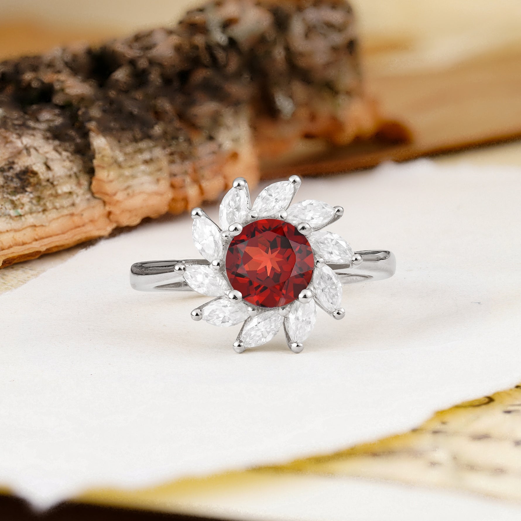 Nature-Inspired Classic Flower-Shaped 4-Prong Round Cut Garnet Engagement Ring - Additional view