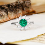 Nature-Inspired Classic Flower-Shaped 4-Prong Round Cut Emerald Engagement Ring - Additional view
