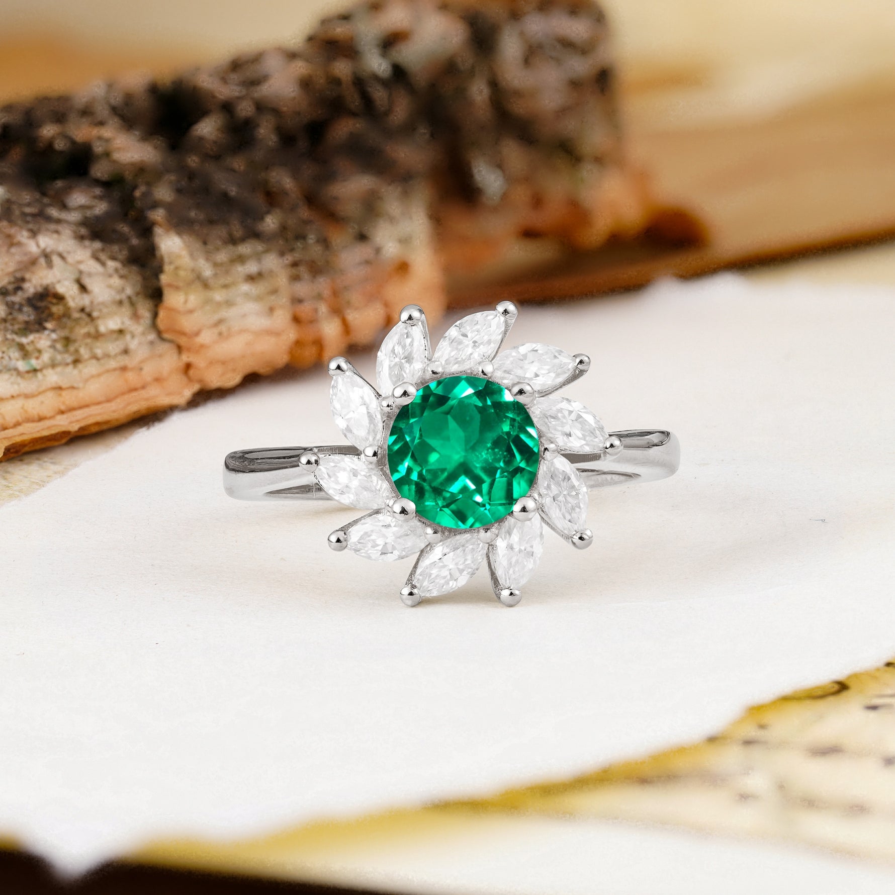 Nature-Inspired Classic Flower-Shaped 4-Prong Round Cut Emerald Engagement Ring - Additional view
