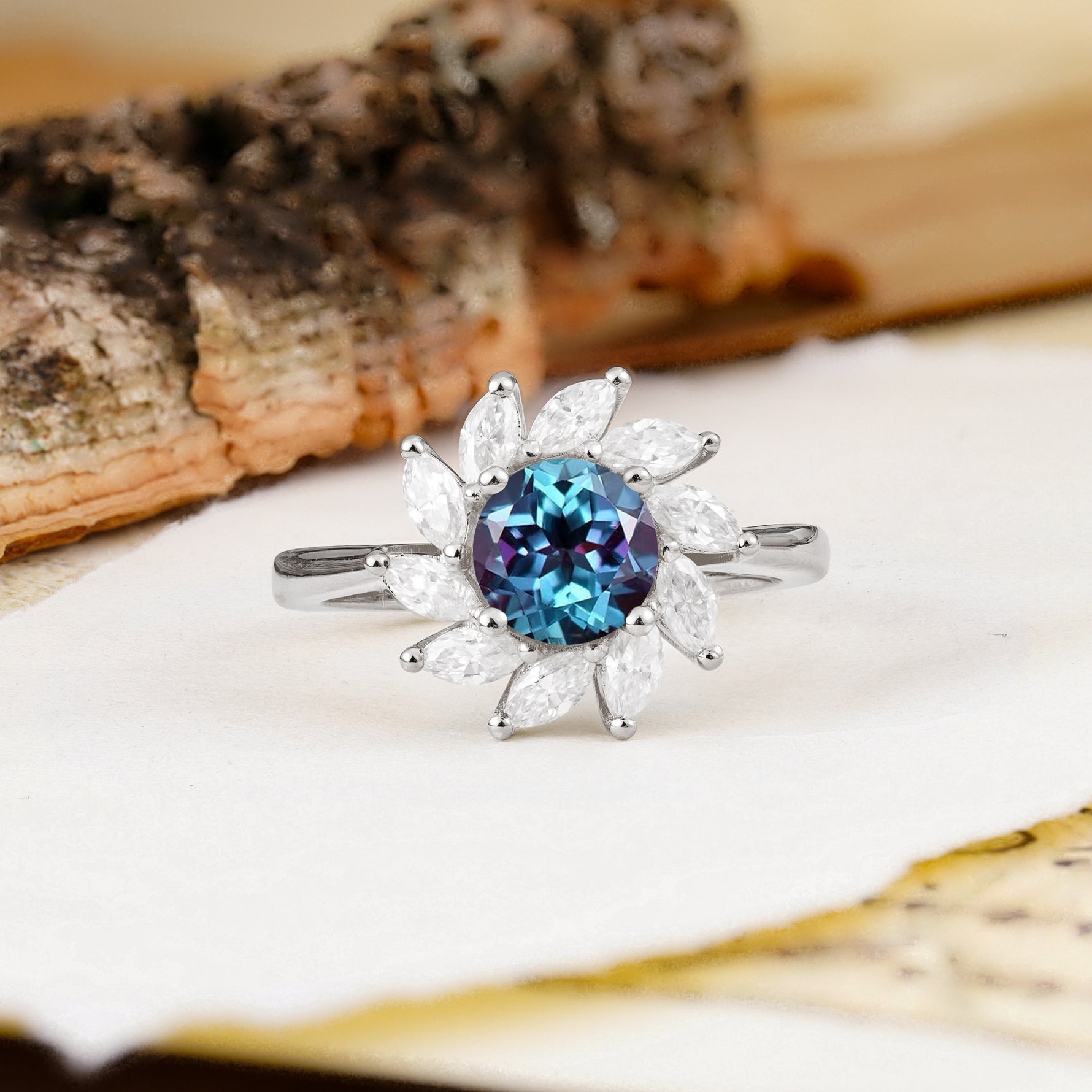 Nature-Inspired Classic Flower-Shaped 4-Prong Round Cut Alexandrite Engagement Ring - Additional view