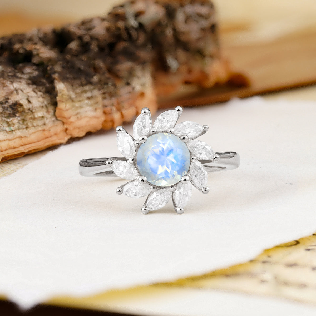 Nature-Inspired Classic Flower-Shaped 4-Prong Round Cut Moonstone Engagement Ring - Additional view