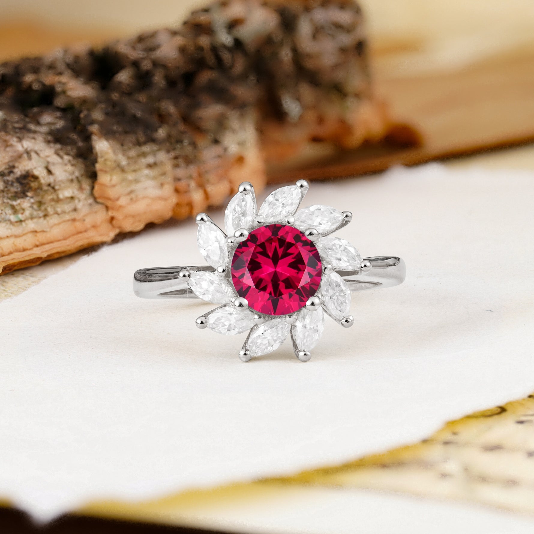 Nature-Inspired Classic Flower-Shaped 4-Prong Round Cut Ruby Engagement Ring - Additional view
