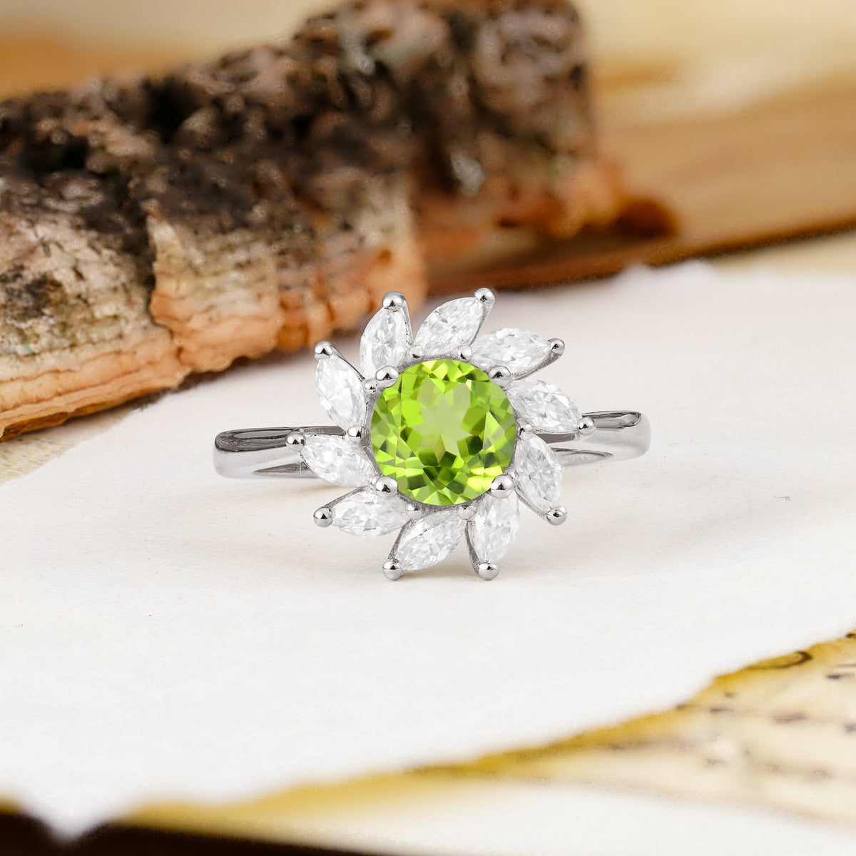 Nature-Inspired Classic Flower-Shaped 4-Prong Round Cut Peridot Engagement Ring - Additional view