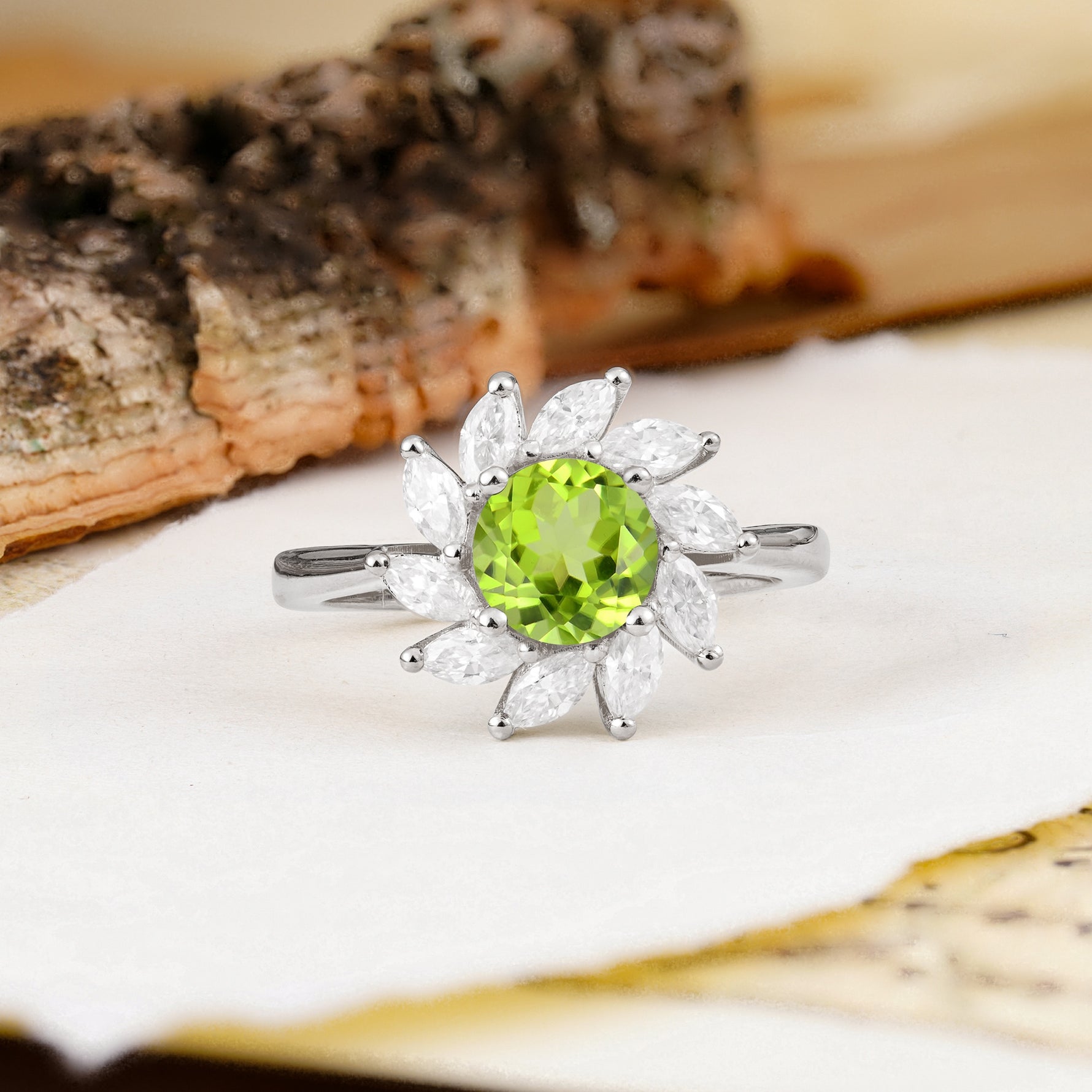 Nature-Inspired Classic Flower-Shaped 4-Prong Round Cut Peridot Engagement Ring - Additional view