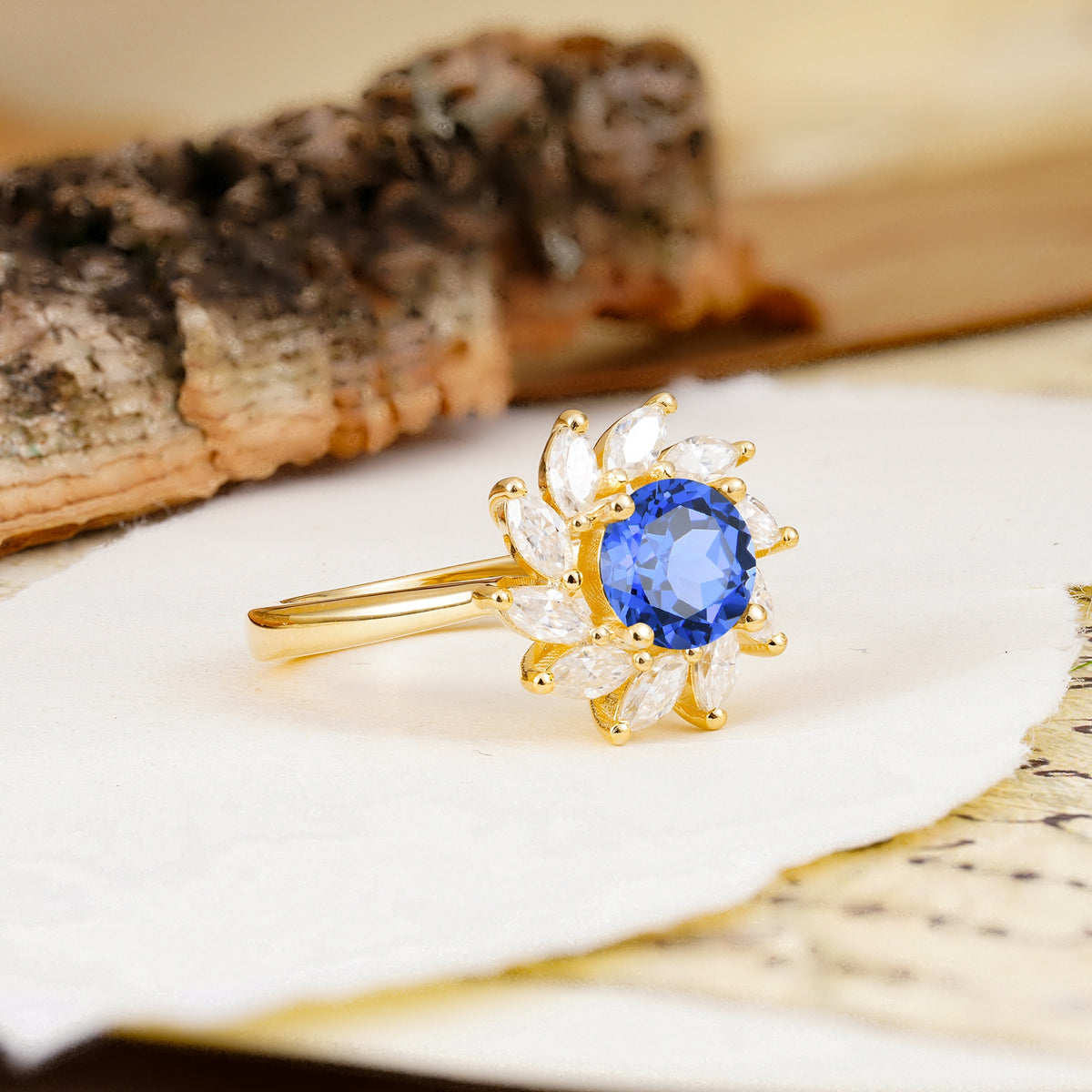 Nature-Inspired Classic Flower-Shaped 4-Prong Round Cut Sapphire Engagement Ring - Additional view