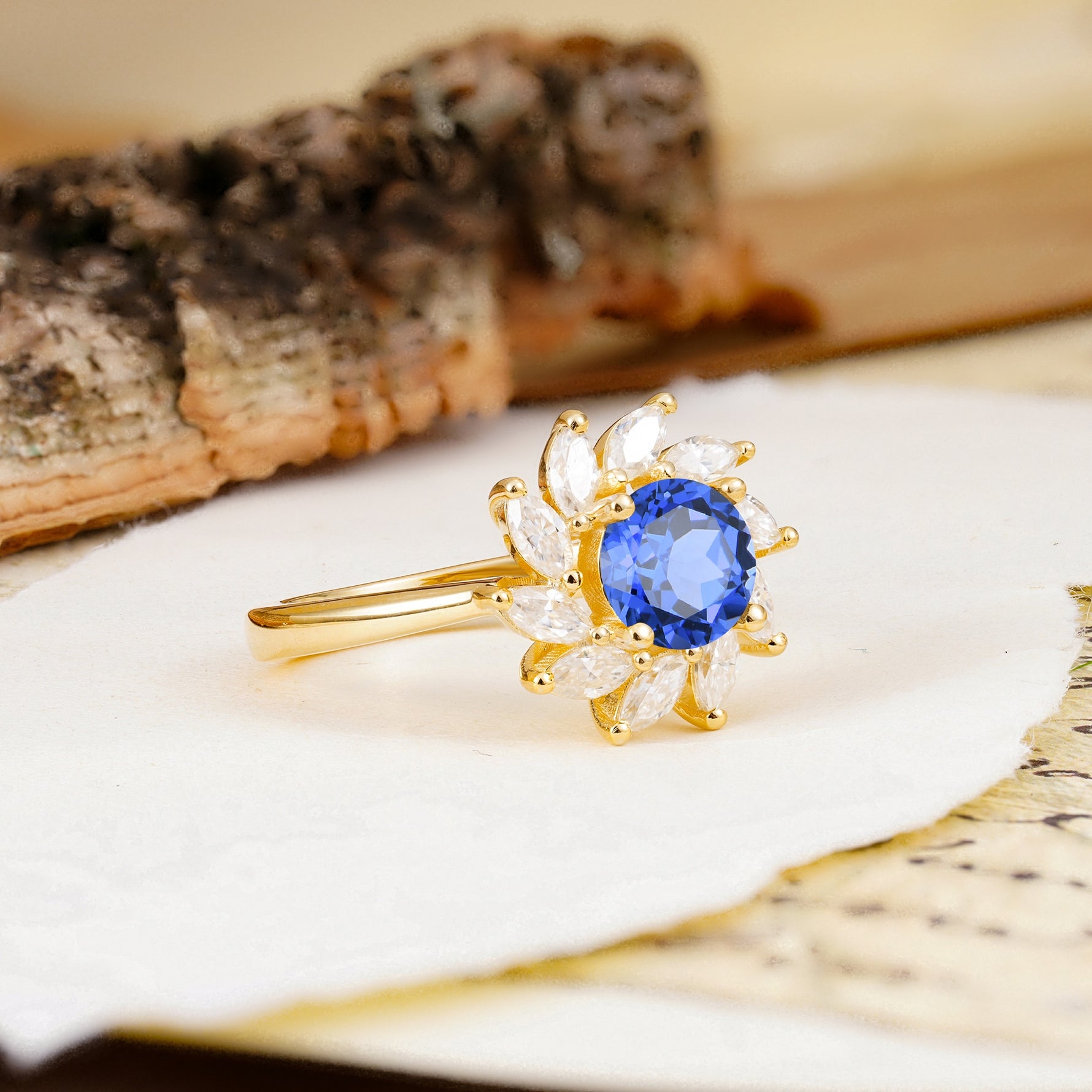 Nature-Inspired Classic Flower-Shaped 4-Prong Round Cut Sapphire Engagement Ring - Additional view
